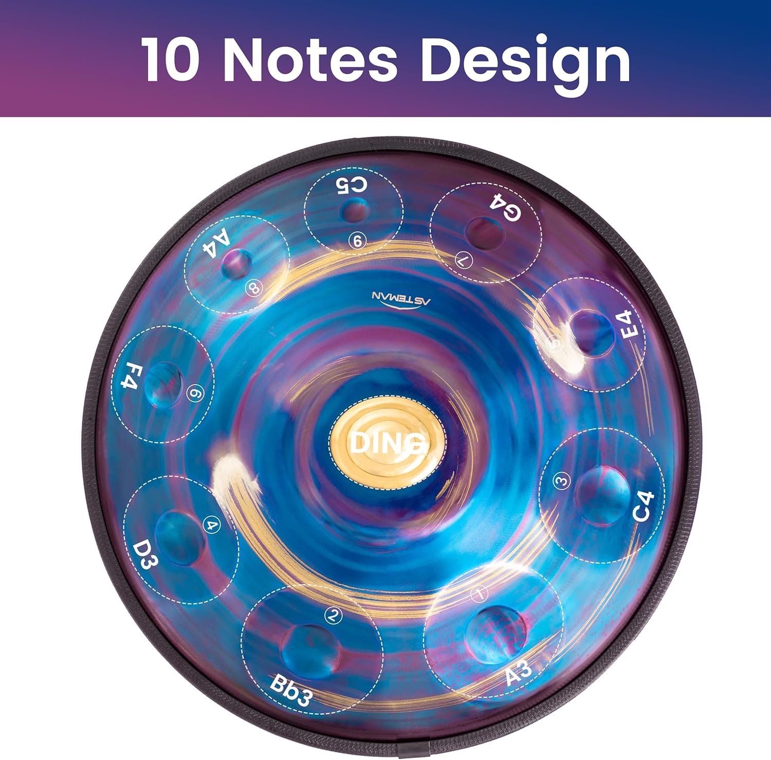 ASTEMAN Handpan in D Minor,432hz 22inches with 10 notes, comes with a backpack, courses, finger sleeves, stand, cleaning cloth, and two mallets. - Image 2