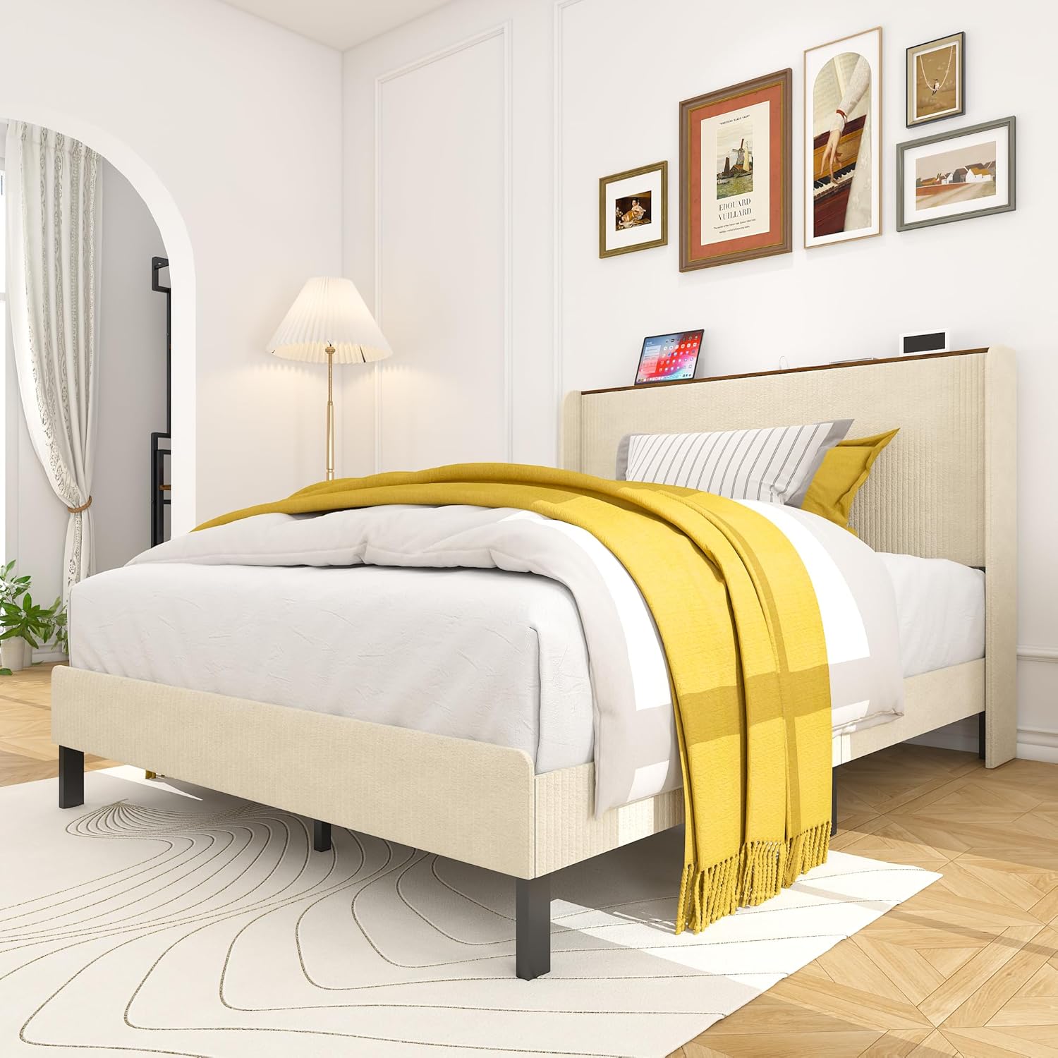 Bellemave Full Size Bed Frame with Charging Station and High Vertical Stripe Headboard, Full Size Platform Bed Frame with Metal Slat Support,Easy Assembly,Noise Free,Beige