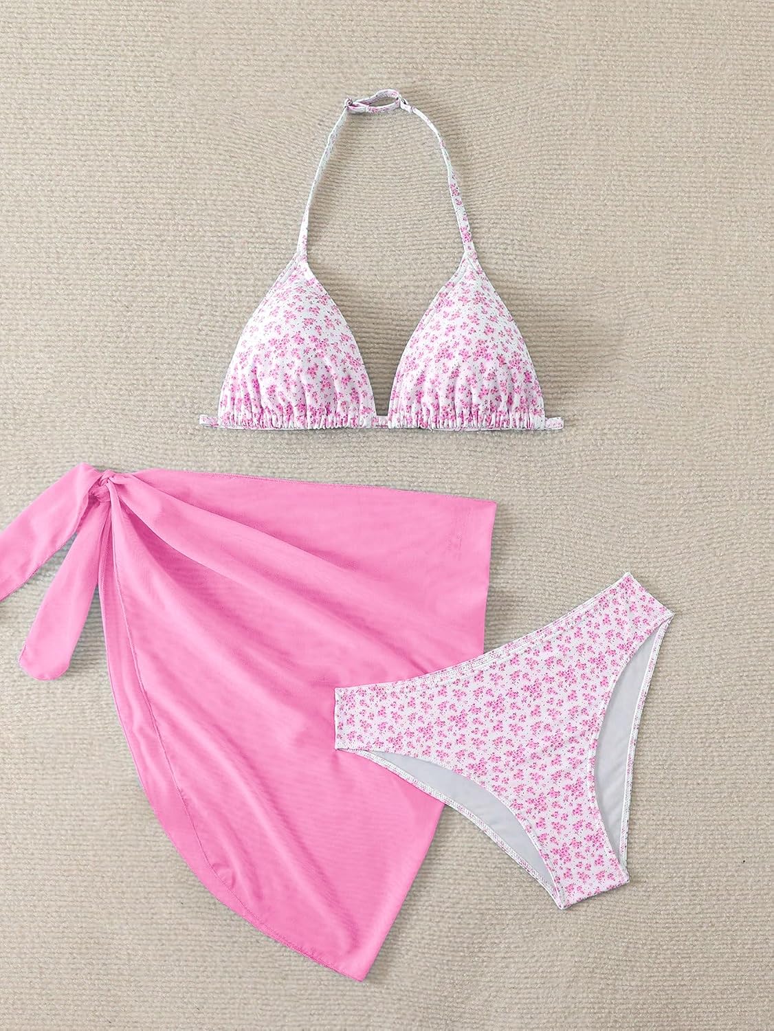 SOLY HUX Girl's Summer Swimsuit Set Floral Halter Triangle Bikini Set with Wrap Skirts Beachwear