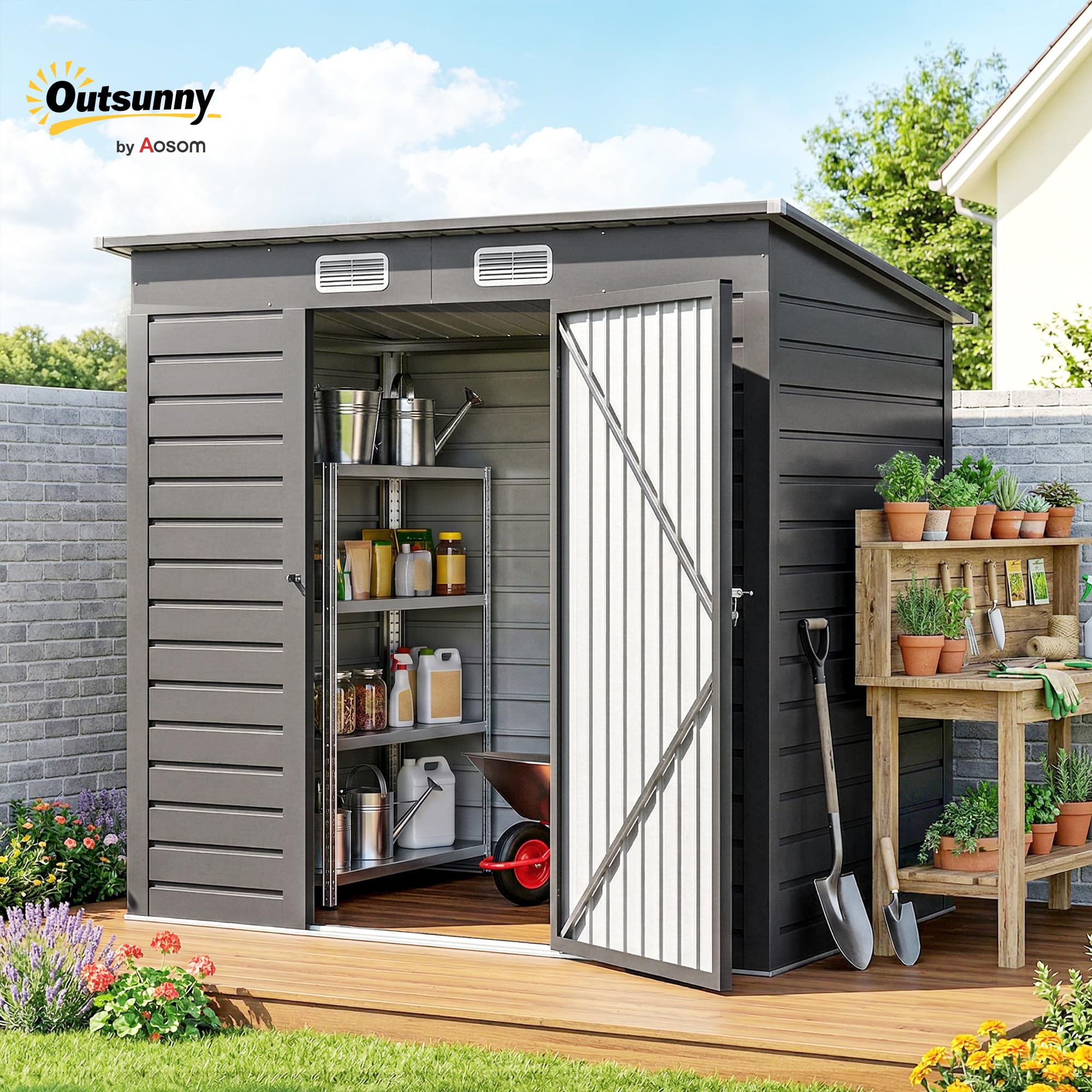 Outsunny Abri de Jardin en métal 2,5 m² Facile à Monter, cabane de Jardin 191x130x183cm Structure en Acier galvanisé améliorée, cabanon Rangement Outils Gants Portes verrouillables aérations, Gris