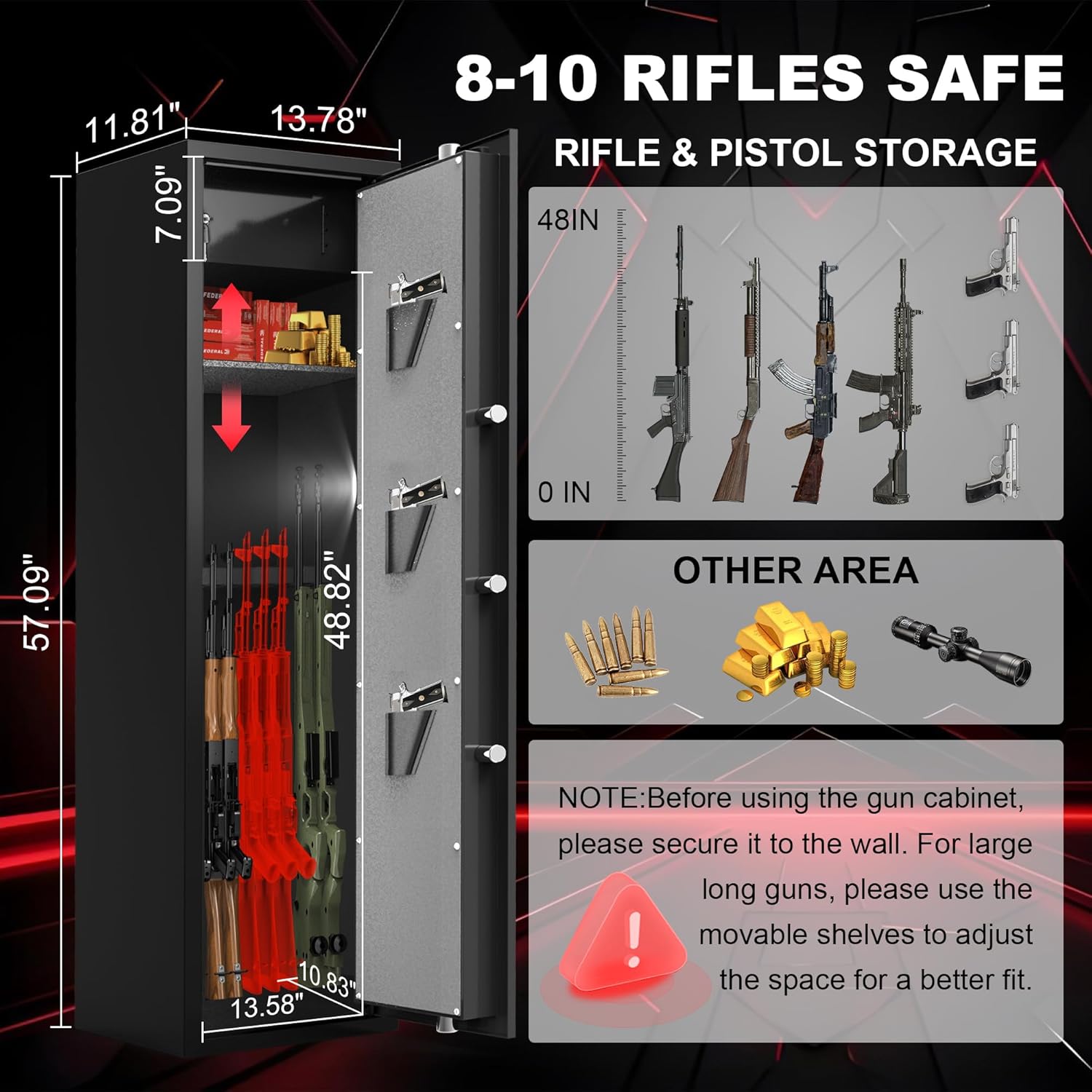 8-10 Fingerprint Gun Safe for Rifles and Pistols, No Assembly Required Quick Access Biometric Gun Cabinet, Large Gun Locker for Pistols and Shotguns, Dual Alarm & Mute Mode Switching