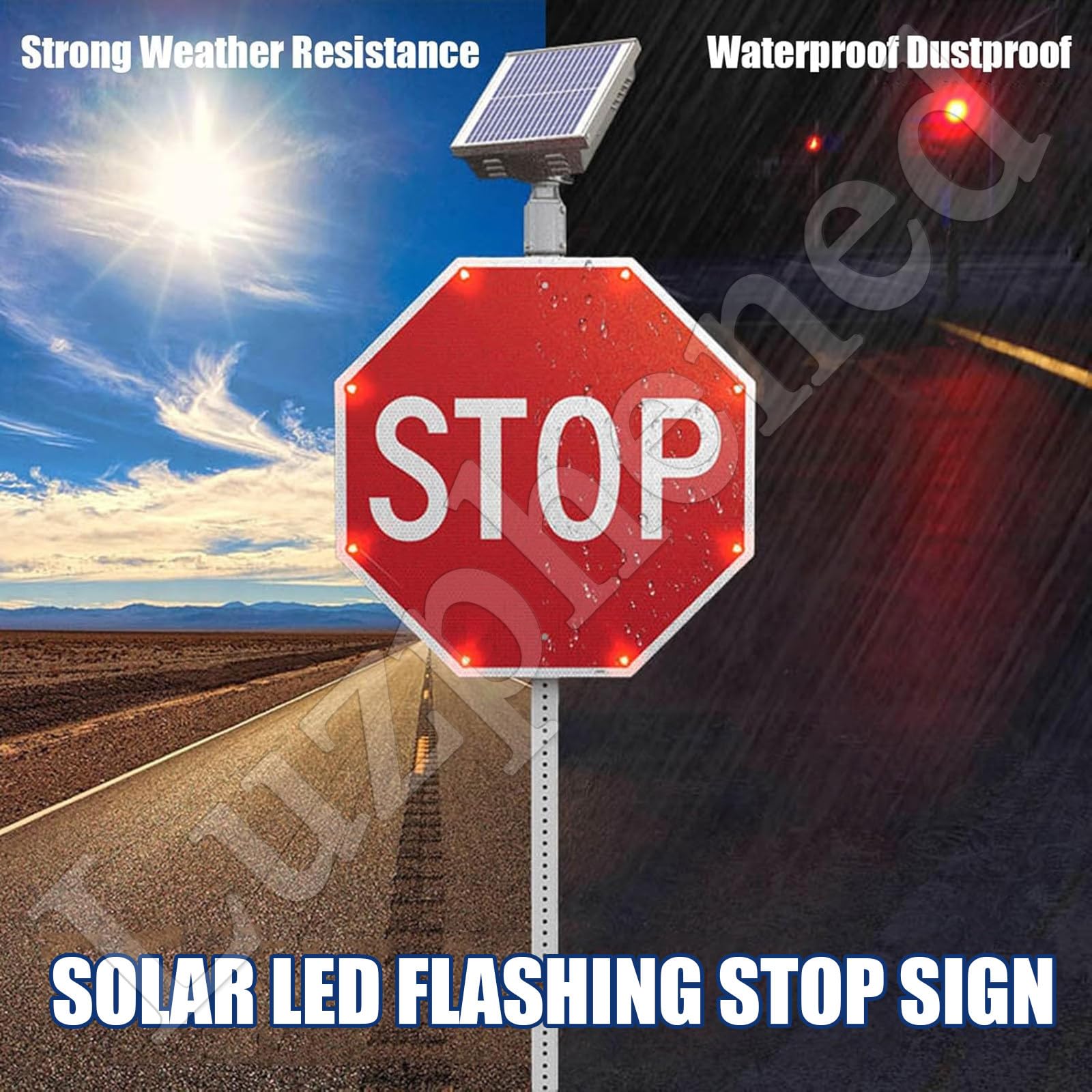 Señal de stop LED con energía solar con película reflectante de grado industrial, señal de tráfico intermitente roja, señales de carretera octagonales de aluminio pesado, resistente al agua IP65 30''