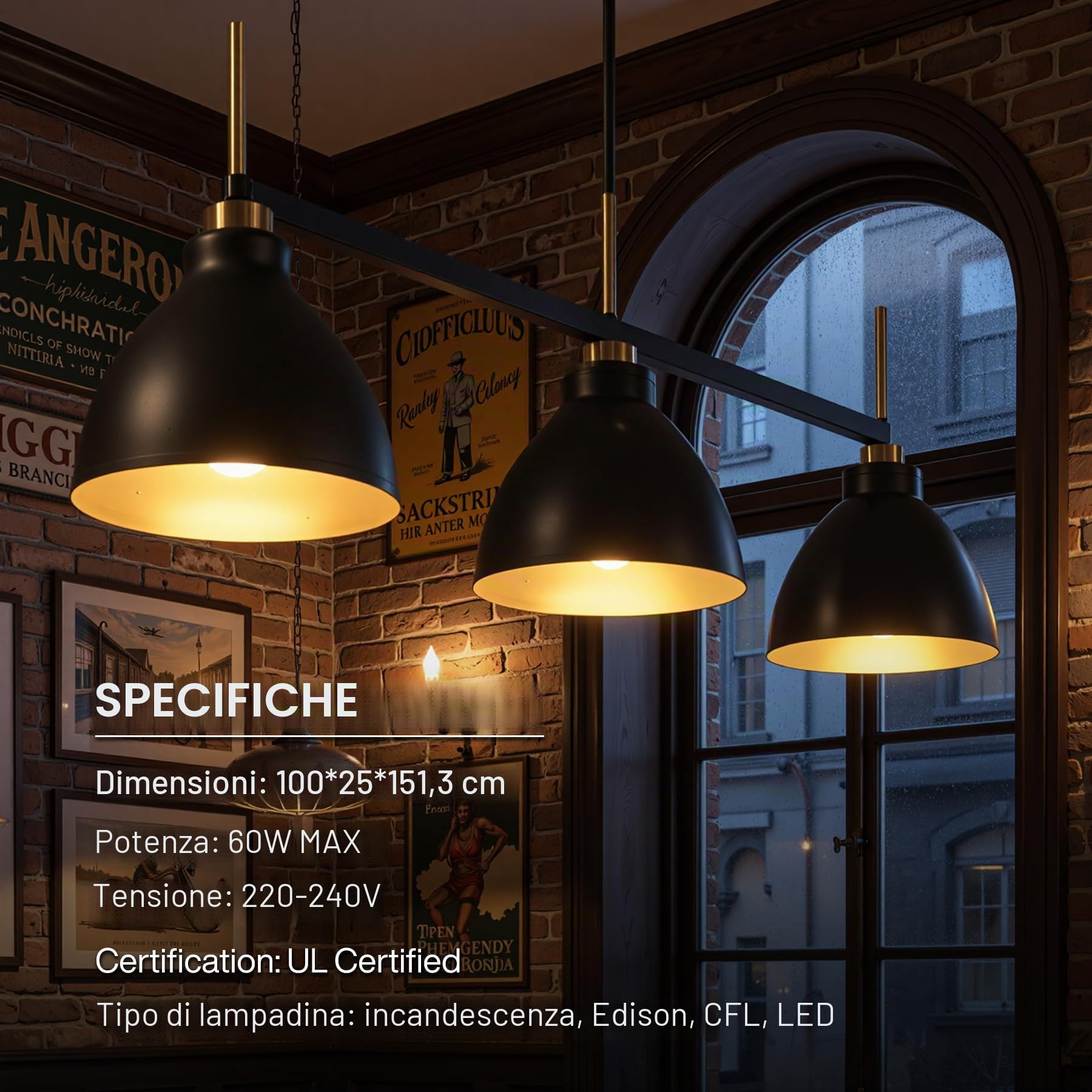 Tribesigns Lampada a sospensione vintage con 3 luci, lampada a sospensione industriale nera e dorata con aste regolabili per sala da pranzo, cucina e soggiorno (attacco E27, lampadina non inclusa)