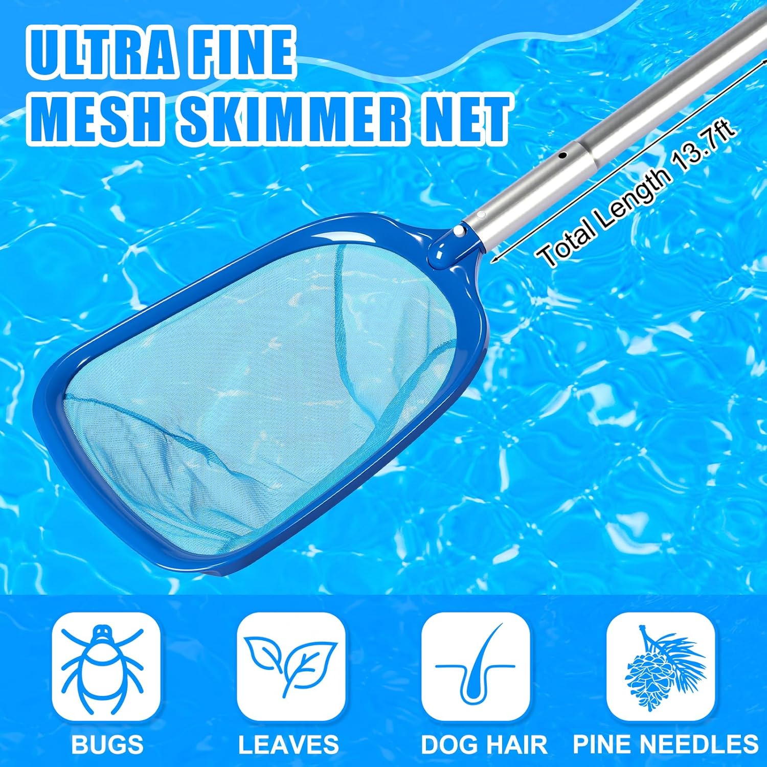 4 Pcs Swimming Pool Vacuum Kits 11.8 Vacuum Head with 1-1/2 x 29.5 ft Hoses, 13.7ft Pole and 17 Skimmer Net Flexible Head with Wheels for Above Ground Inground Hot Tub Cleaning Tool