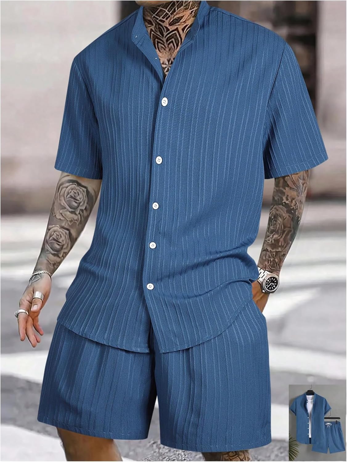GORGLITTER Men's 2 Piece Outfits Short Sleeve Pocket Button Down Shirt and Drawstring Shorts Set