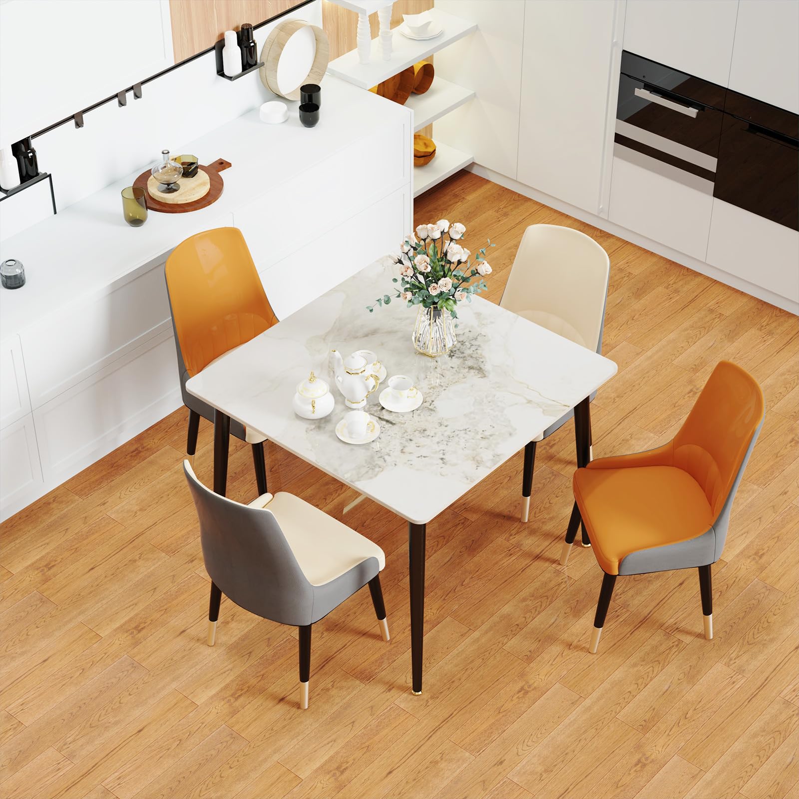 FATIVO Mesa Comedor Mármol Blanca de Cocina: Mesa de Jantar Cuadrada Estilo Nórdico Moderno de Piedra Sinterizada con Patas de Metal para 2-4 Personas 80 x 80 x76 cm (Blanco A)