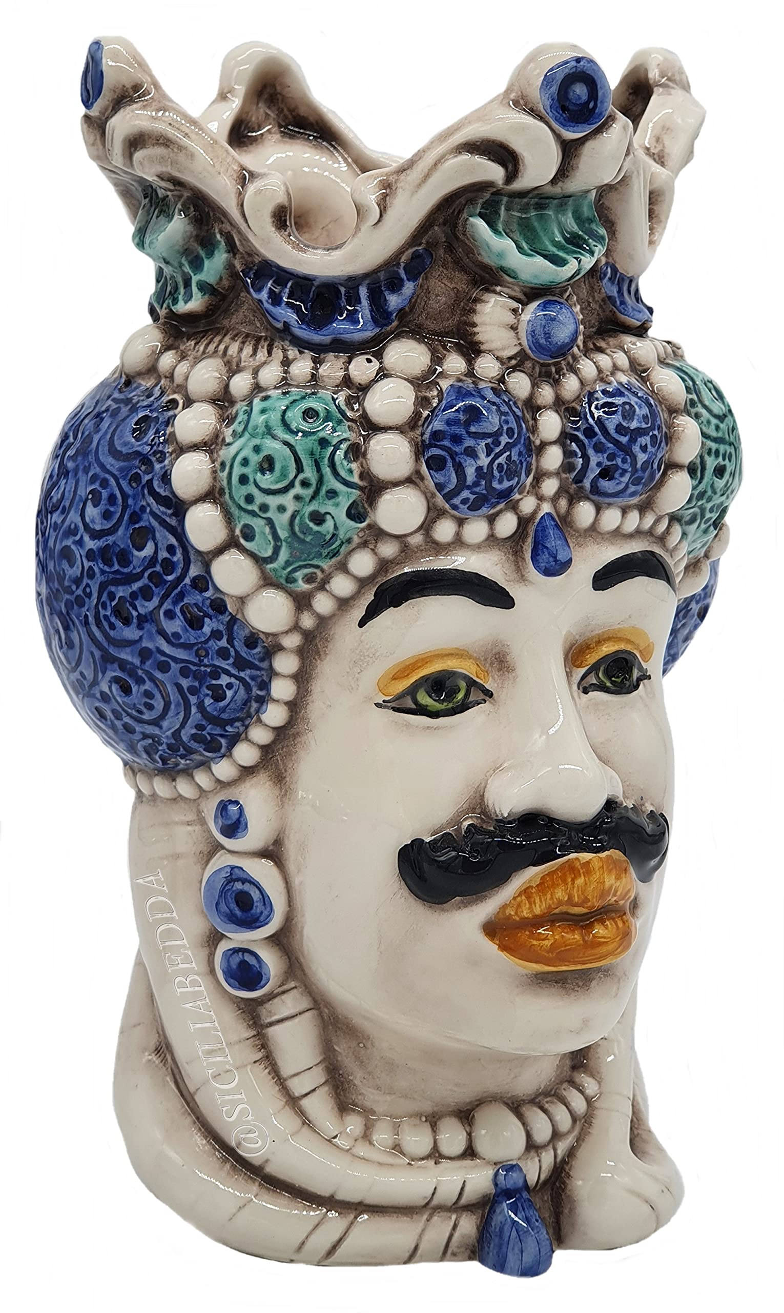 sicilia bedda - Teste di Moro Siciliane in Ceramica di Caltagirone - Realizzato Interamente a Mano - Altezza 18 Centimetri (Testa di Moro Uomo Blu)