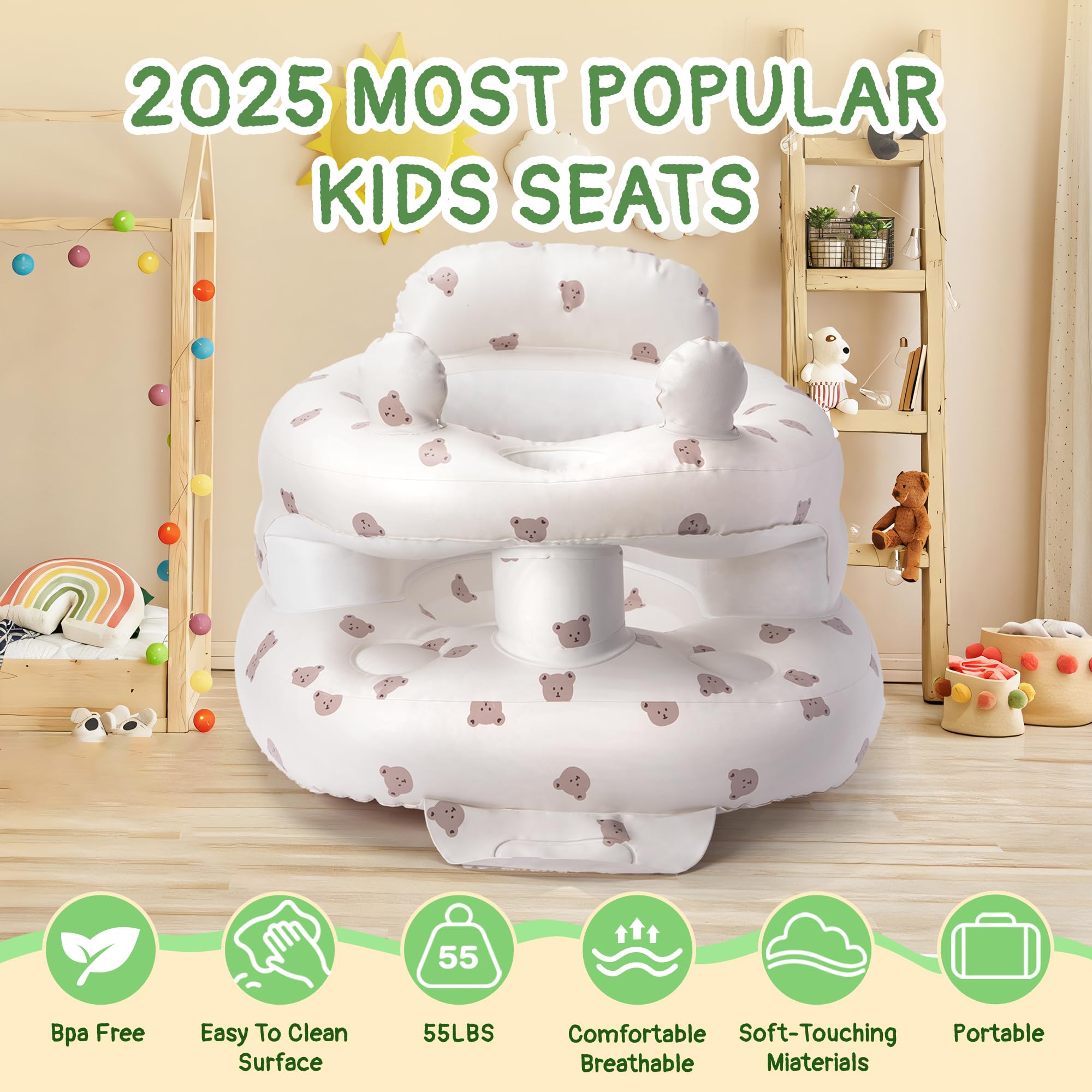 Sit Me Up Seggiolino gonfiabile per bambini 3-36 mesi con pompa aria integrata senza BPA facile da pulire orso