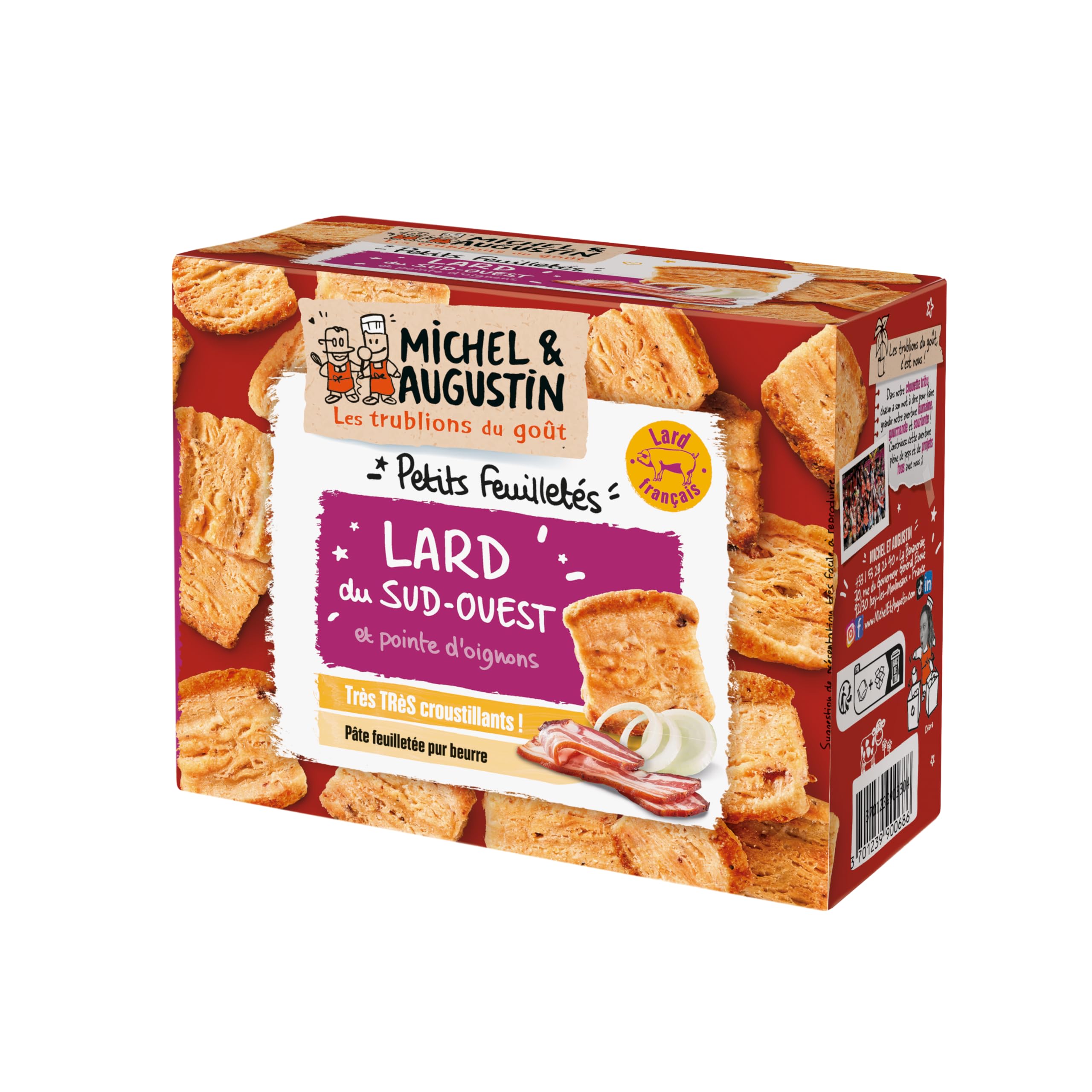 Michel & Augustin – Petits feuilletés au Lard du Sud-Ouest et pointe d’oignons – Pâte feuilletée pur beurre – Biscuit apéritif croustillant 80g x 9