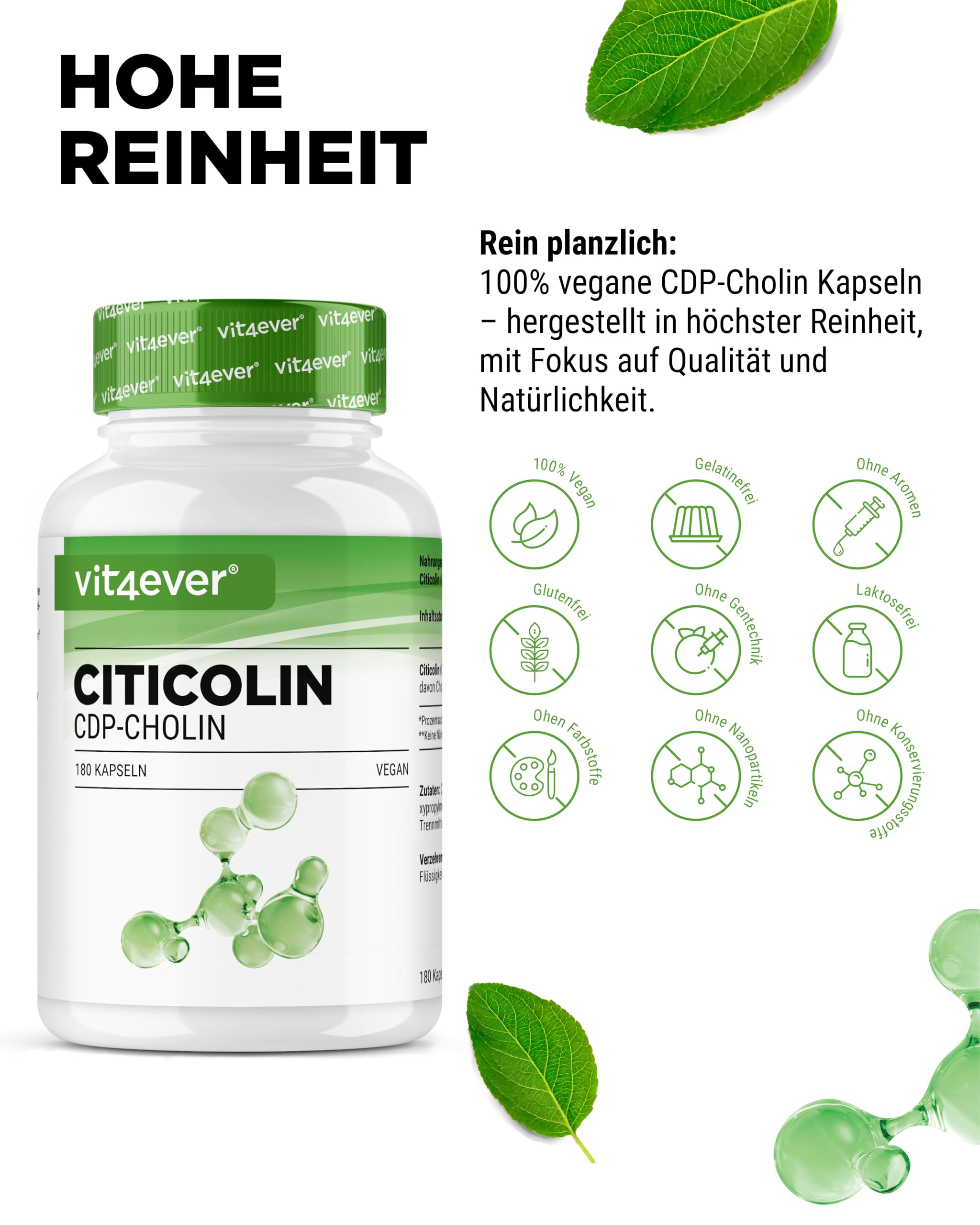vit4ever CDP Cholin (Citicolin) 250 mg - 180 Kapseln - hochdosiert & bioaktive Cholinform - vegan, ohne unnötige Zusätze