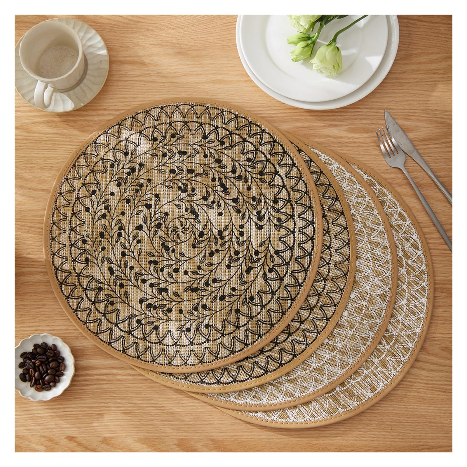 Ensemble de napperons en Jute 4/6/8/12 pièces, Tapis Table à Manger Ronds antidérapants for la Cuisine, Mariage, décoration Maison(Black,8pcs)