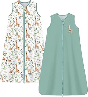 Chilsuessy Kinder Schlafsack 1.5 Tog 2er Pack Baby Schlafsack aus 100% Baumwolle,Baby Ganzjahresschlafsack Schlafanzug für Jungen und Mädchen, 1.5 Tog/Grün + Giraffe, 90cm/Baby Höhe 90-105cm