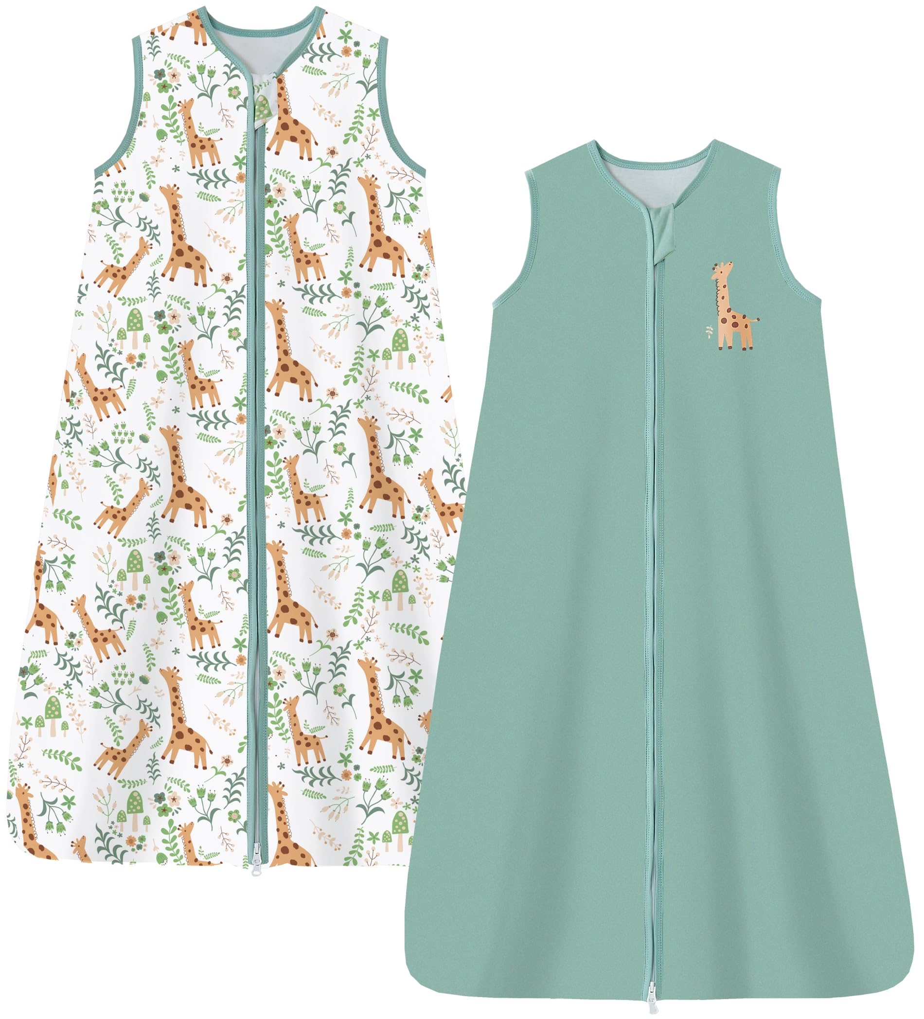 Chilsuessy Kinder Schlafsack 1.5 Tog 2er Pack Baby Schlafsack aus 100% Baumwolle,Baby Ganzjahresschlafsack Schlafanzug für Jungen und Mädchen, 1.5 Tog/Grün + Giraffe, 130cm/Baby Höhe 120-140cm