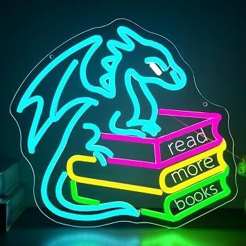 Read More Books Neon Sign for Wall Decor Dragon Reading Book Neon Light for Classroom Reading Room Dimmable read Book LED Sign for library Study Room Bedroom Birthday Gifts Size 13.3*12.9 InTWP346