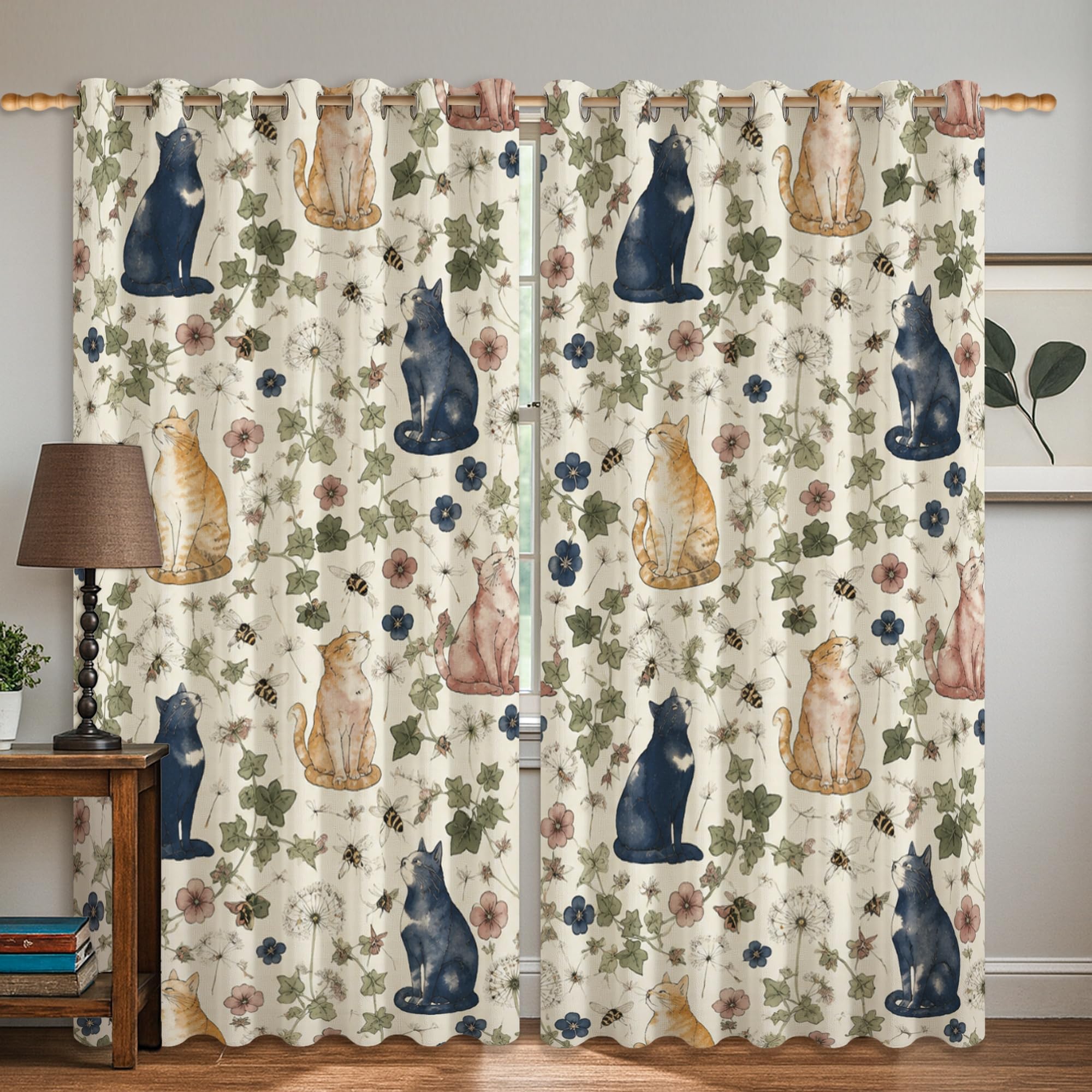Rideaux occultants motif chat crème 132x160cm floral non plissé pour la décoration du salon
