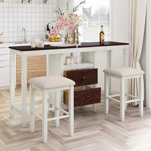 Juego de mesa de comedor de 3 piezas de altura de mostrador con 2 taburetes para lugares pequeños mesa de preparación rústica de isla de cocina con