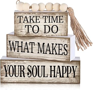 Yuntau 4 Pcs Farmhouse Tabletop Decoration Inspirational Farmhouse Tiered Tray Decor Rustic Retro Wood Bead Garland Take Time to Do What Makes Your Soul Happy Block Centerpiece Sign for Home Shelf
