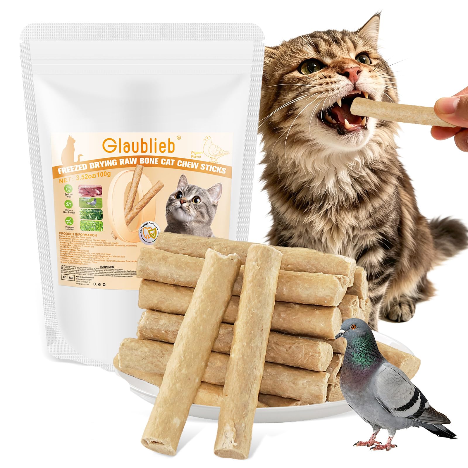 100g Freezed Dried Cat Chew Sticks Pigeon Flavor, Cat Dental Treats for Freshens Breath and Controls Tartar, Feline Teething Sticks — image 1