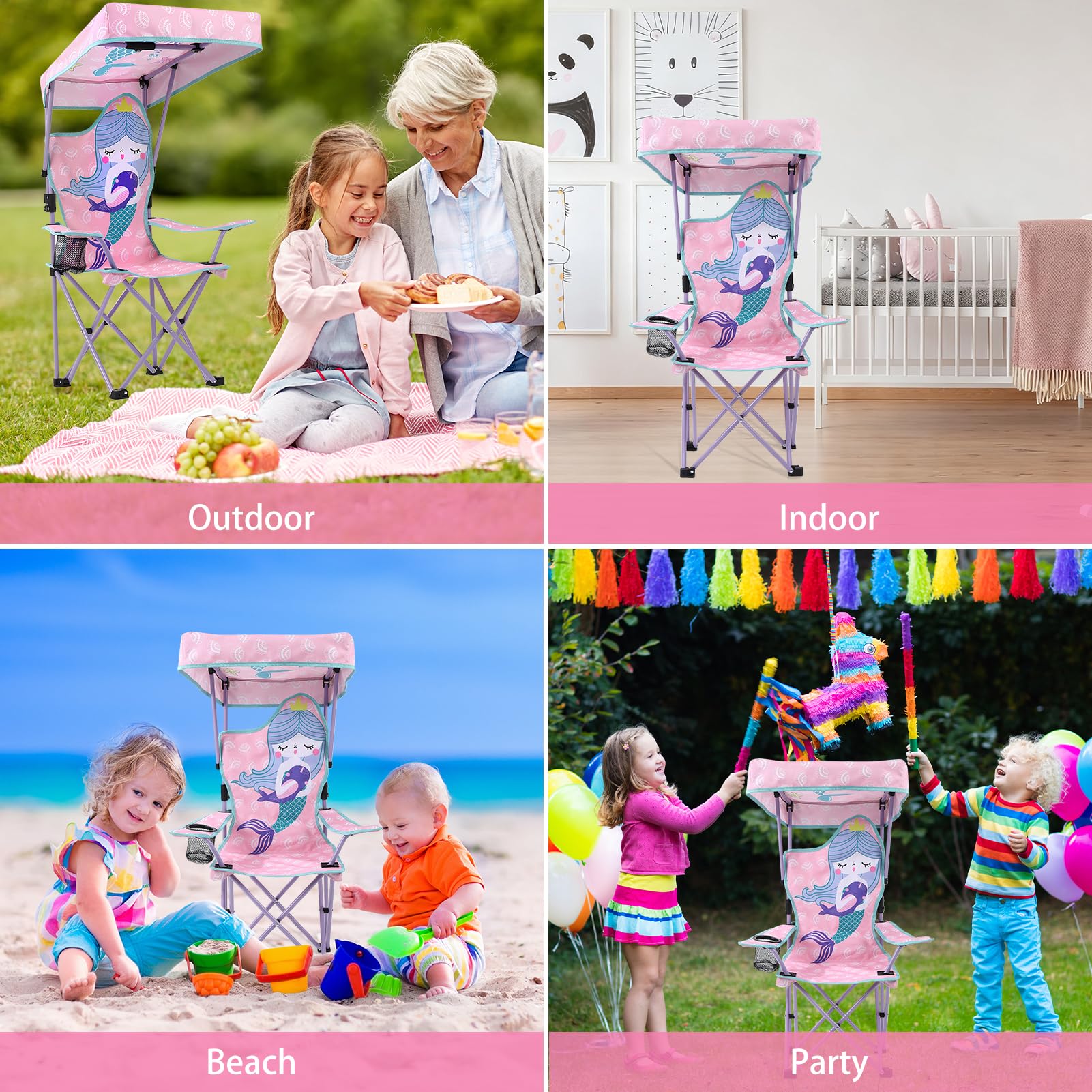 Silla de camping para niños con sombrilla, silla plegable con soporte para bebidas, silla de jardín portátil, silla de playa rosa, silla de camping para niños, para parque jardín, viajes al