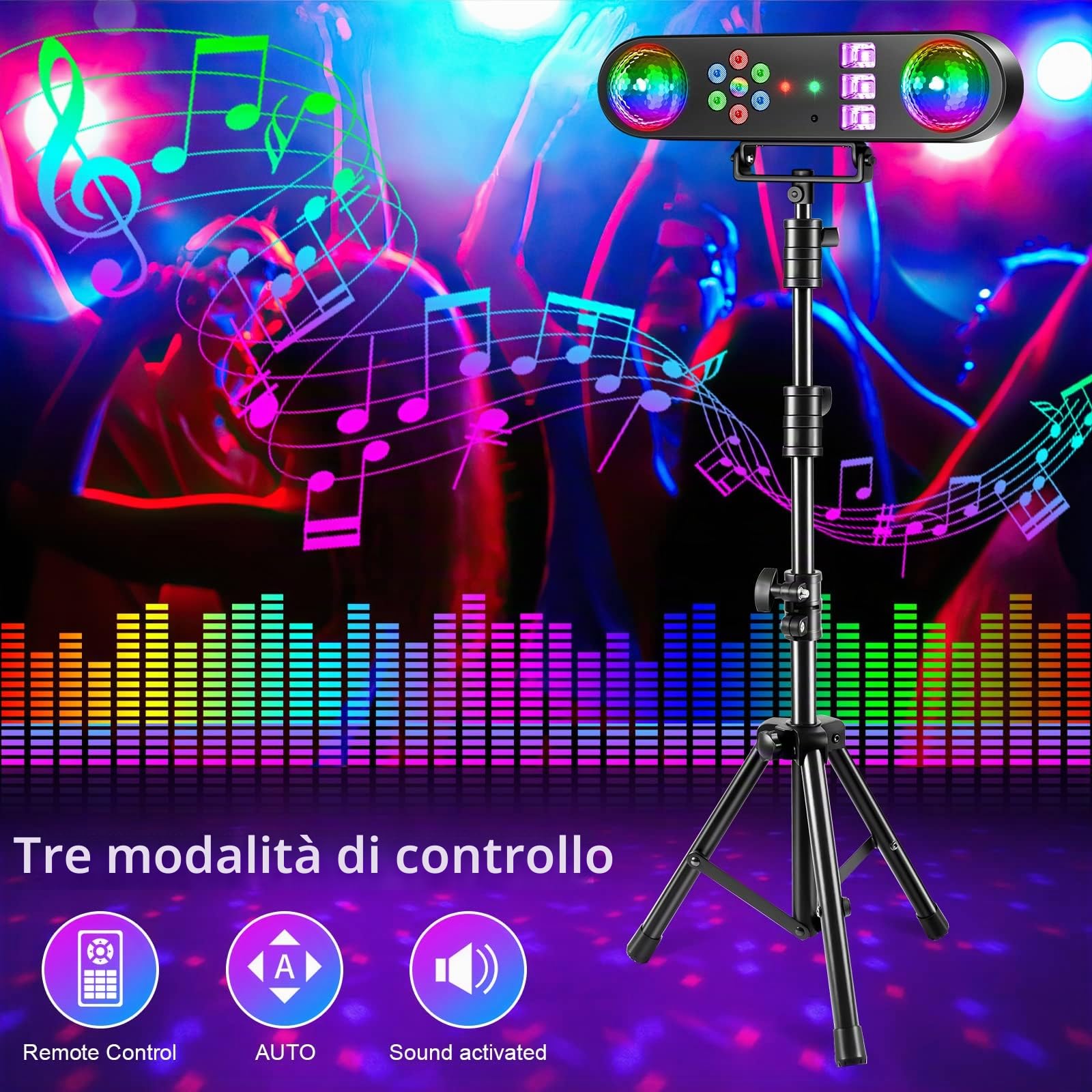 Luci DJ con supporto, set luci bar 5 in 1 per feste con sfera rotante, strobo, UV, luce par LED colorata e motivo, sistema di illuminazione DJ attivato dal suono per discoteche, concerti, band,