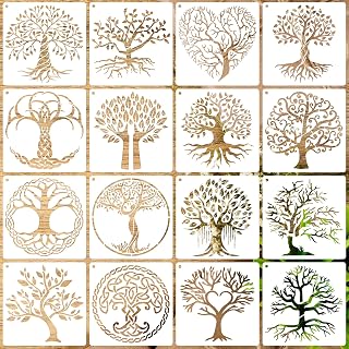 16 PCS 6 x 6 Inch Tree of Life Stencils, Plant Reusable Plastic Paint Templates for Painting on Wood, Trees Stencils Set for Rock Canvas Drawing Art Fabric Tile Home DIY Craft Decoration