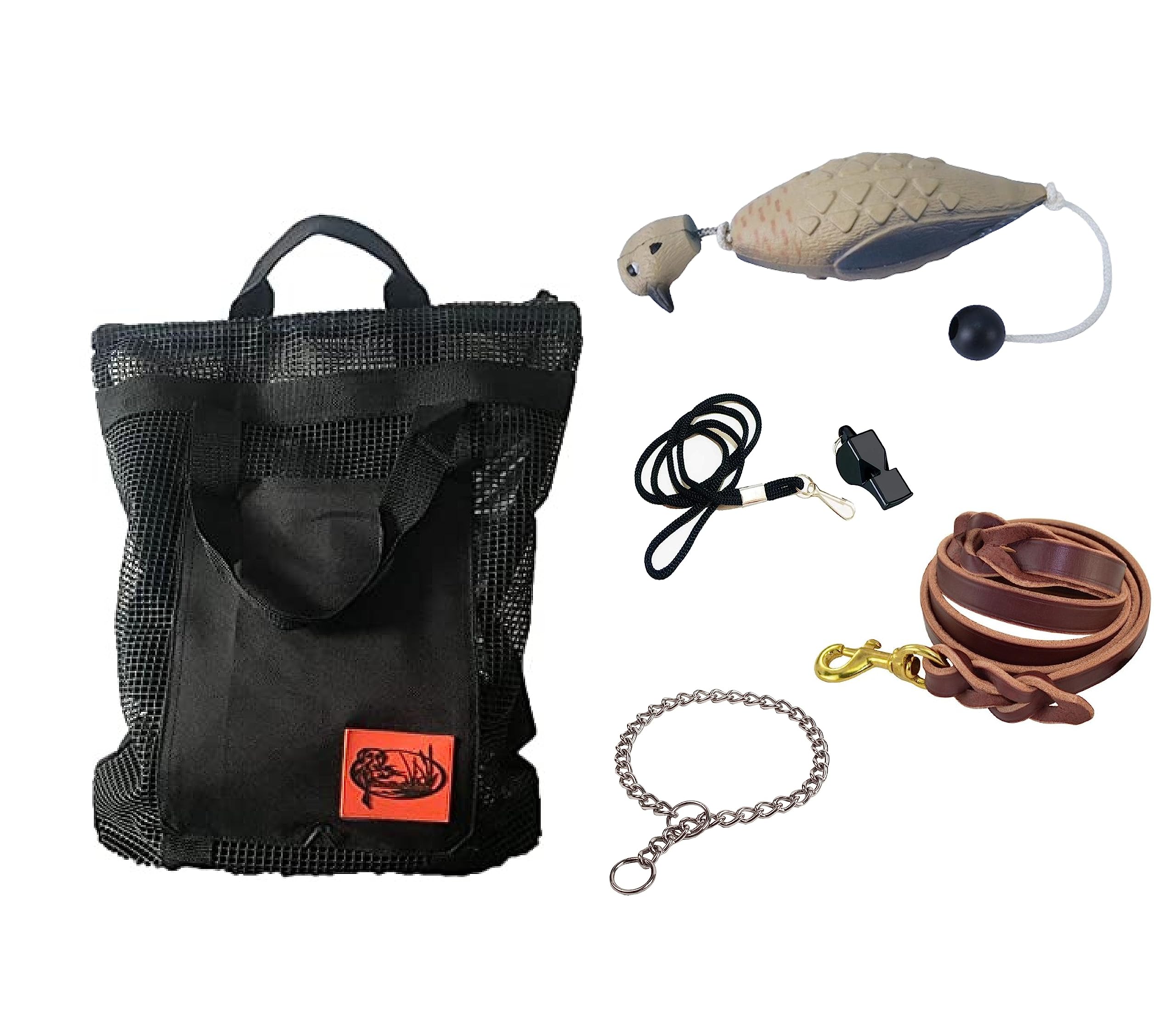 HuntEmUp Dog Training Kit - Mourning Dove Training Dummy, Braided Leather Leash, Mesh Carrying Bag, Whistle & Lanyard, and Training Chain