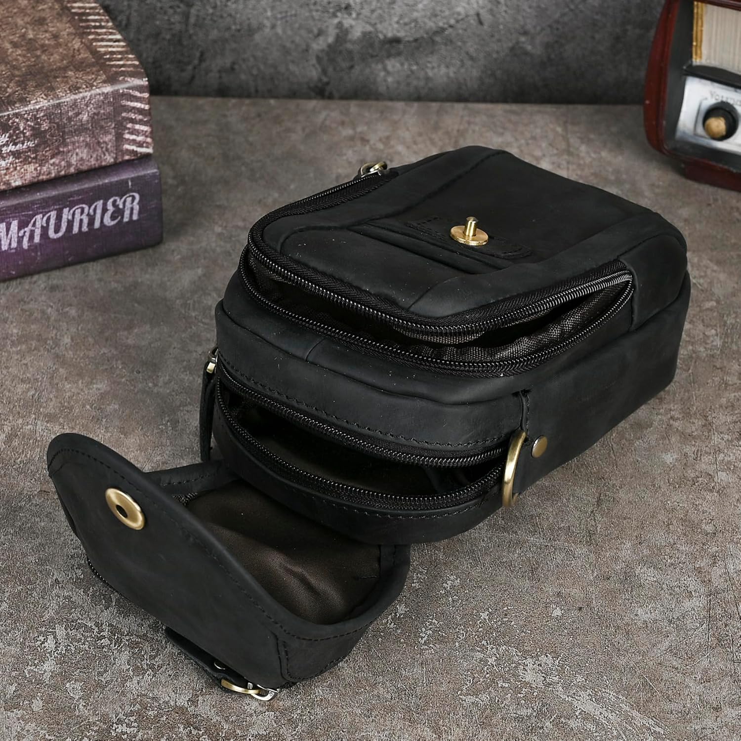 Le'aokuu Mens Original Leather Designer Casual Small Messenger Shoulder Bag Fashion Waist Belt Bag Pack Cigarette Phone Case