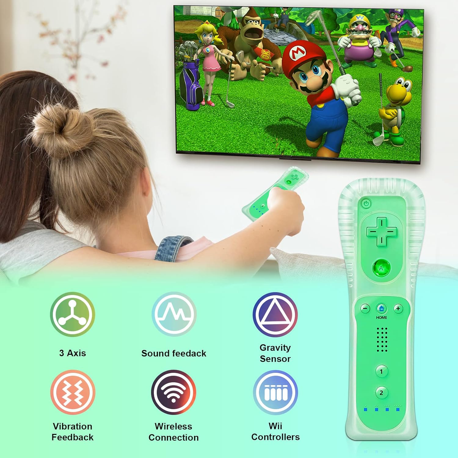 Wii Controller, KDYGPDCT 2 Packs Wii Controller and Wii Nunchuck for Wii and Wii U Console, with Silicone Case and Wrist Strap (Light Green)