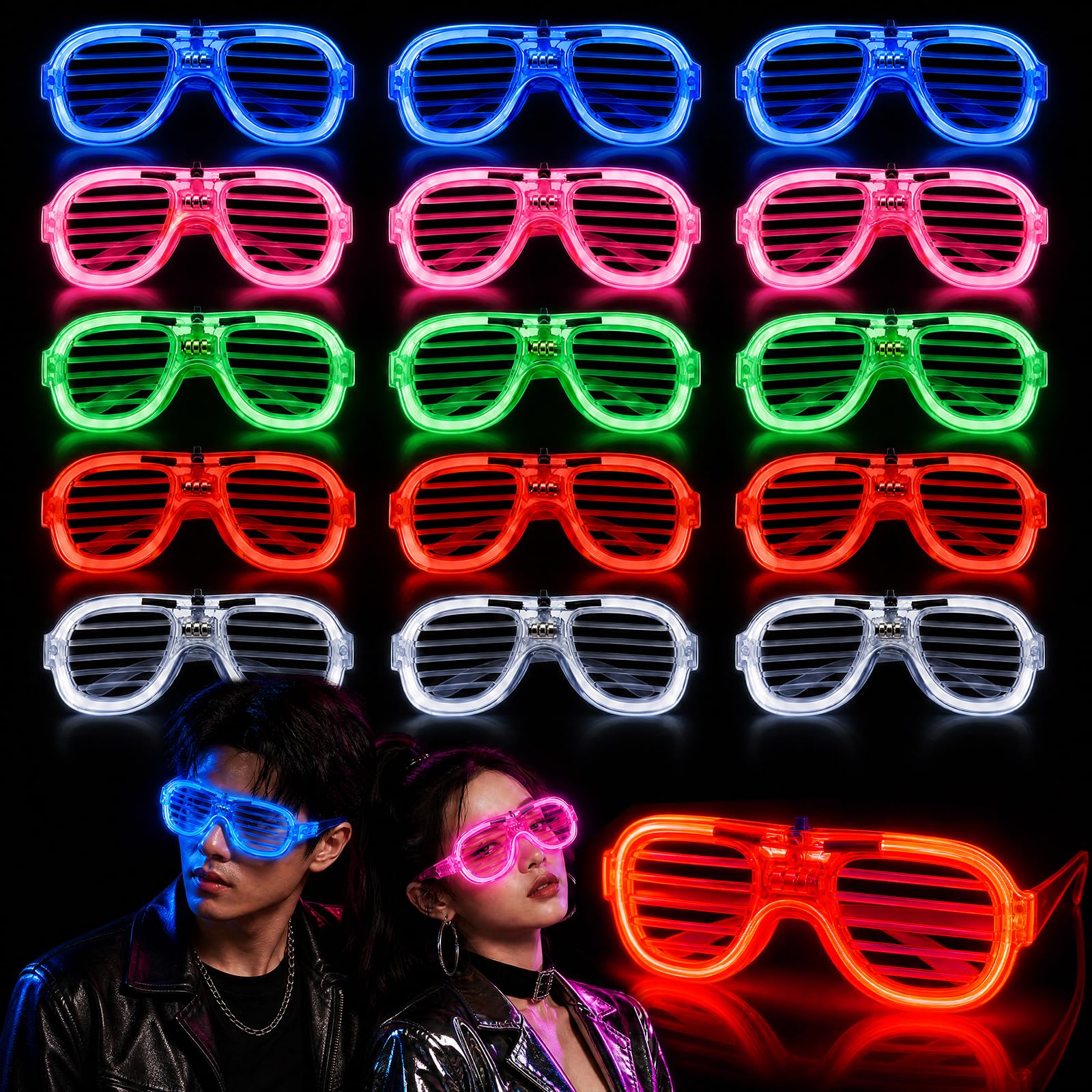 Iyxeo 15Pcs Light Up Glasses, Party Glasses in 5 Colours, LED Glasses for Birthday, Christmas, Concert, Glow Disco, Halloween, Neon Party Accessories