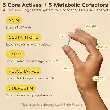 NMN Supplement 1000mg |120 Capsules 10-in-1 with Resveratrol, Quercetin, CoQ10 & Glutathione | Cellular Energy & Antioxidant Complex | Enhanced Bioavailability Formula with TMG & Black Pepper