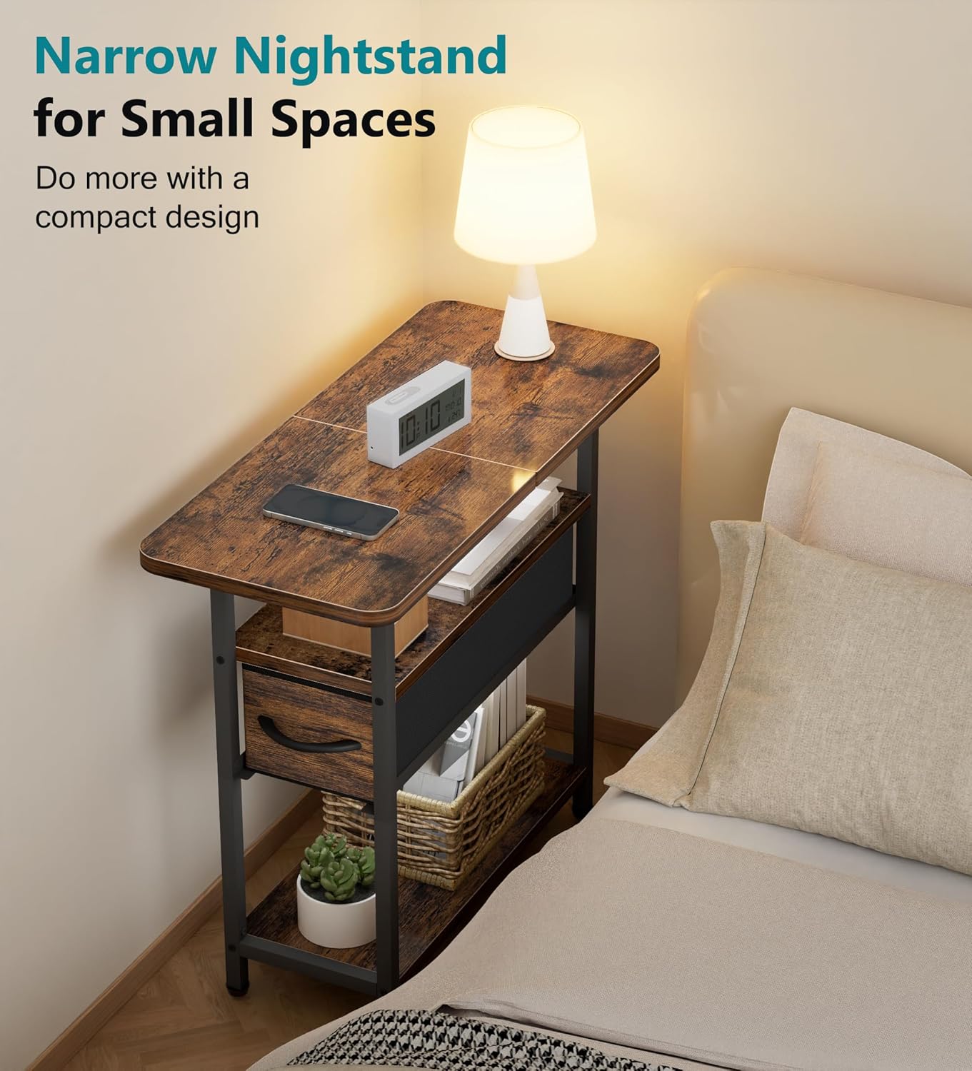 AOODA Narrow Nightstand with Drawers, 3 Tier Skinny Bedside Table for Bedroom, Slim Living Room End Tables with Storage for Small Spaces, Sofa Couch (Brown)