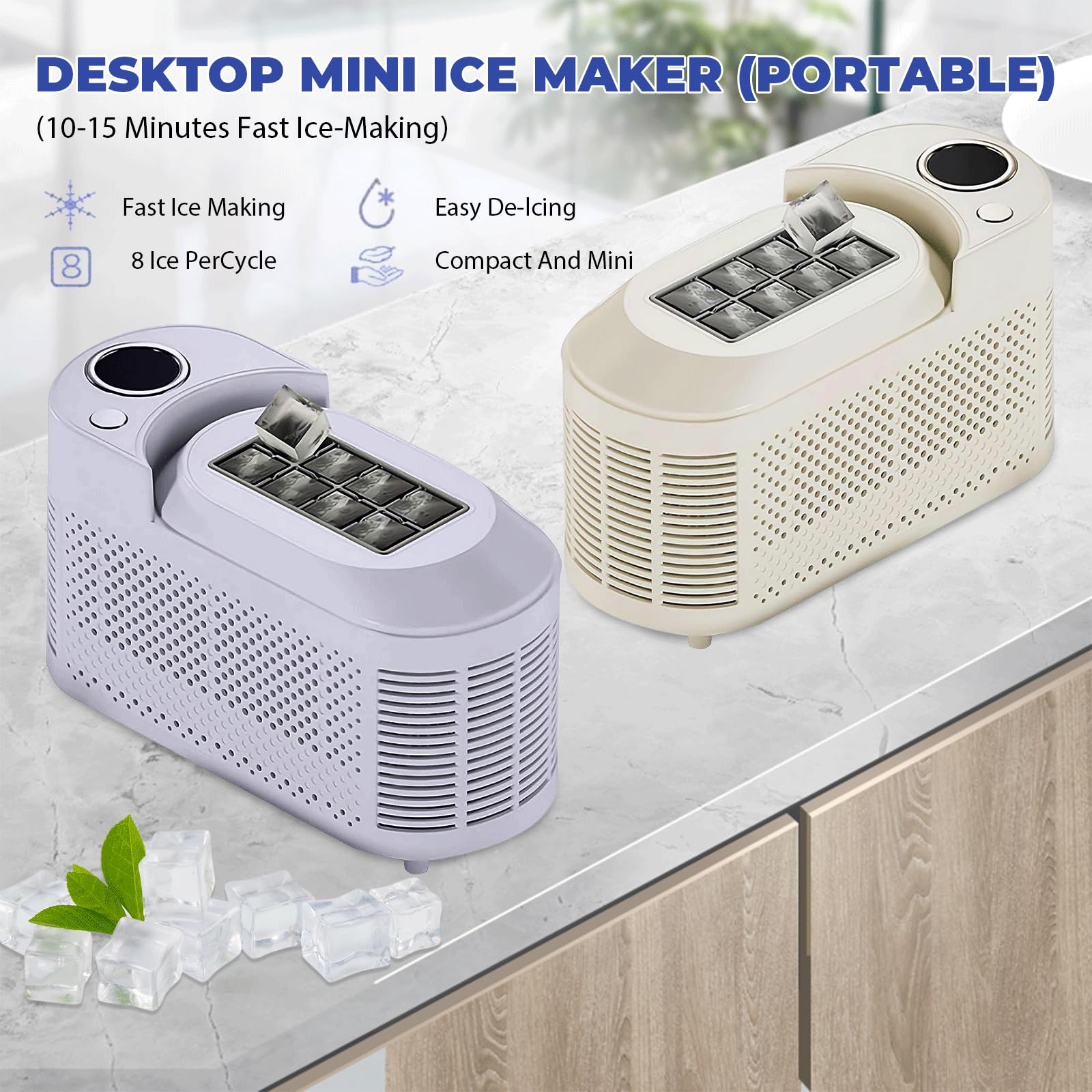 Máquina de hielo portátil con fabricación rápida de hielo en 10 minutos,8 cubitos de hielo en 10 minutos,Máquina de hielo compacta para el hogar, acampar y coche con adaptador de CC de 12 V (blanco)