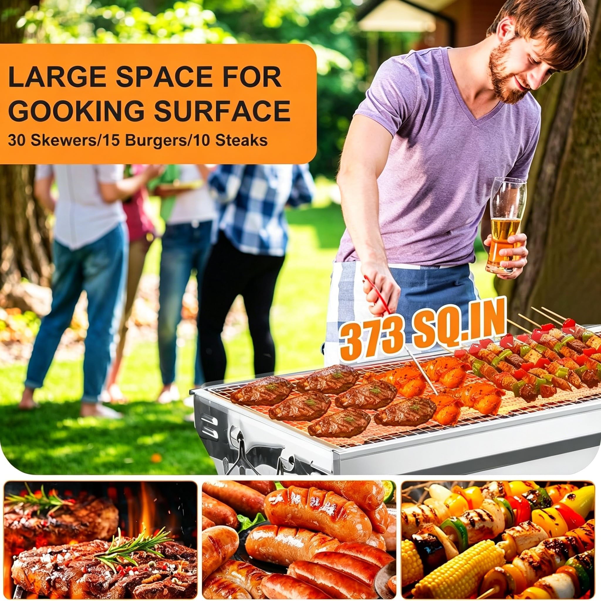 Przenośny składany stojak do grillowania ze stali nierdzewnej, 95 x 29 x 71 cm, duży, lekki grill węglowy, z rękawiczkami, na kemping, plażę, imprezę i do ogrodu na świeżym powietrzu