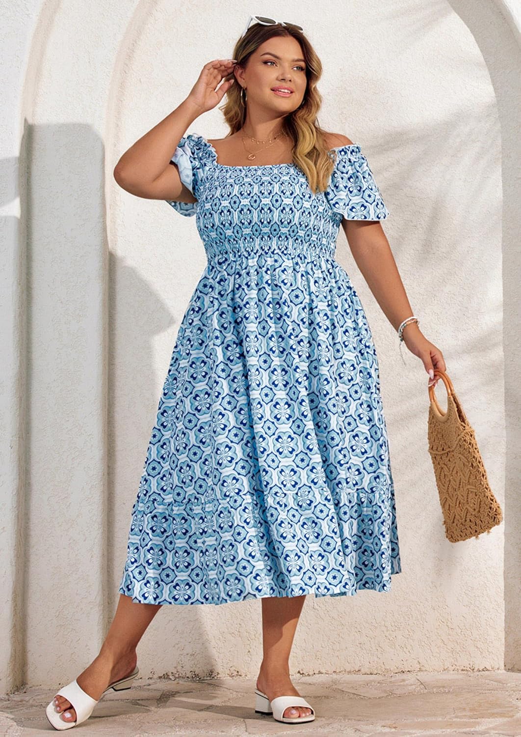 Hanna Nikole Women's Plus Size Summer Maxi Dress Short Sleeve Smocked Square Neck Casual Floral Flowy Dresses with Pockets - Image 4