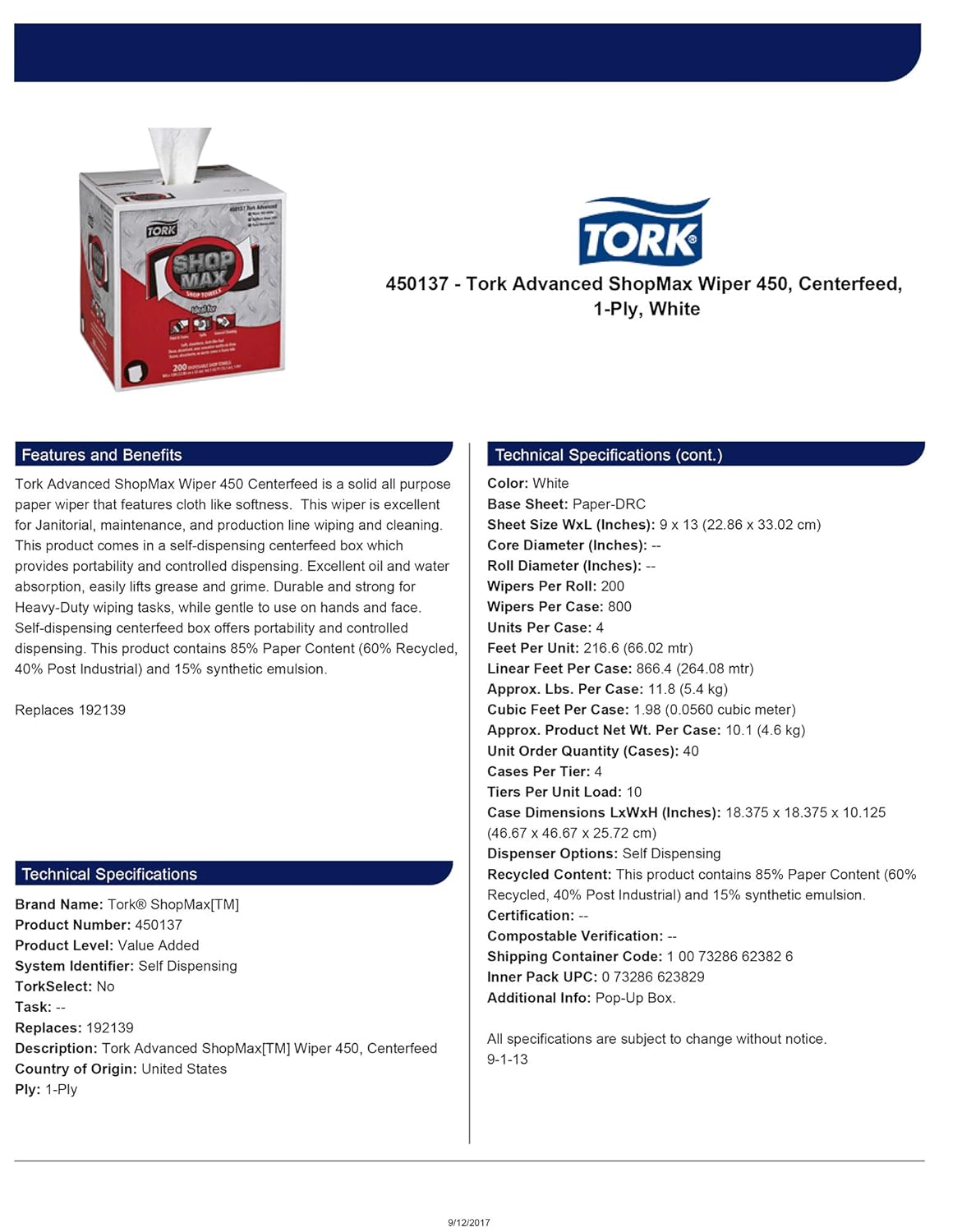 Tork ShopMax Heavy Duty Centerfeed Paper Towel White Self Dispensing, High Absorbency, 4 x 200 Sheets, 450137