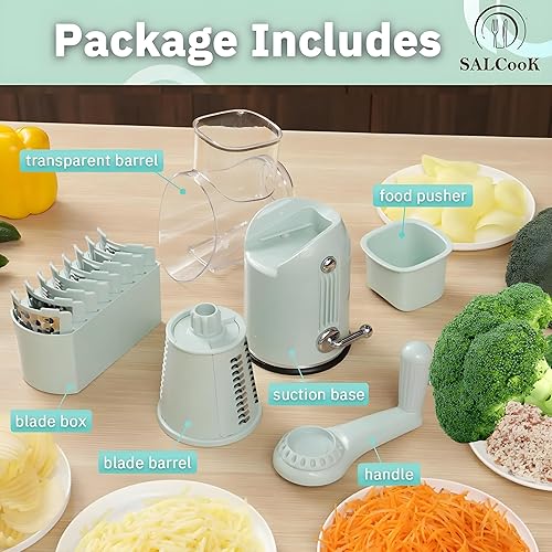 Miniatura 4 de Rallador rotativo de queso con mango, triturador de queso, 5 cuchillas intercambiables de acero inoxidable, rallador, rebanador manual de verduras y