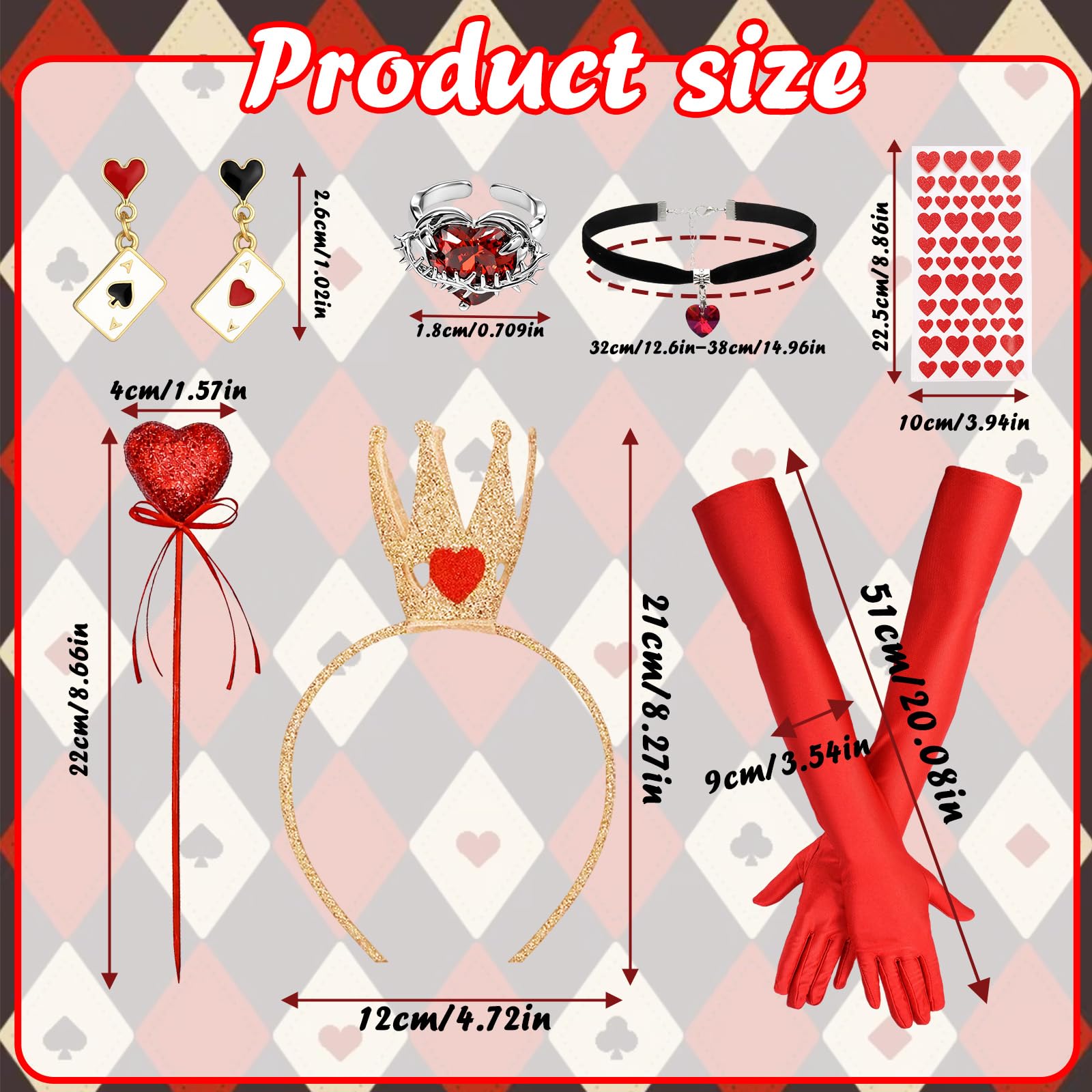Atomvia 7 Pcs Red Heart Royal Costume Accessories Set-Crown, Gloves, Earrings, Necklace, Wand - Image 2