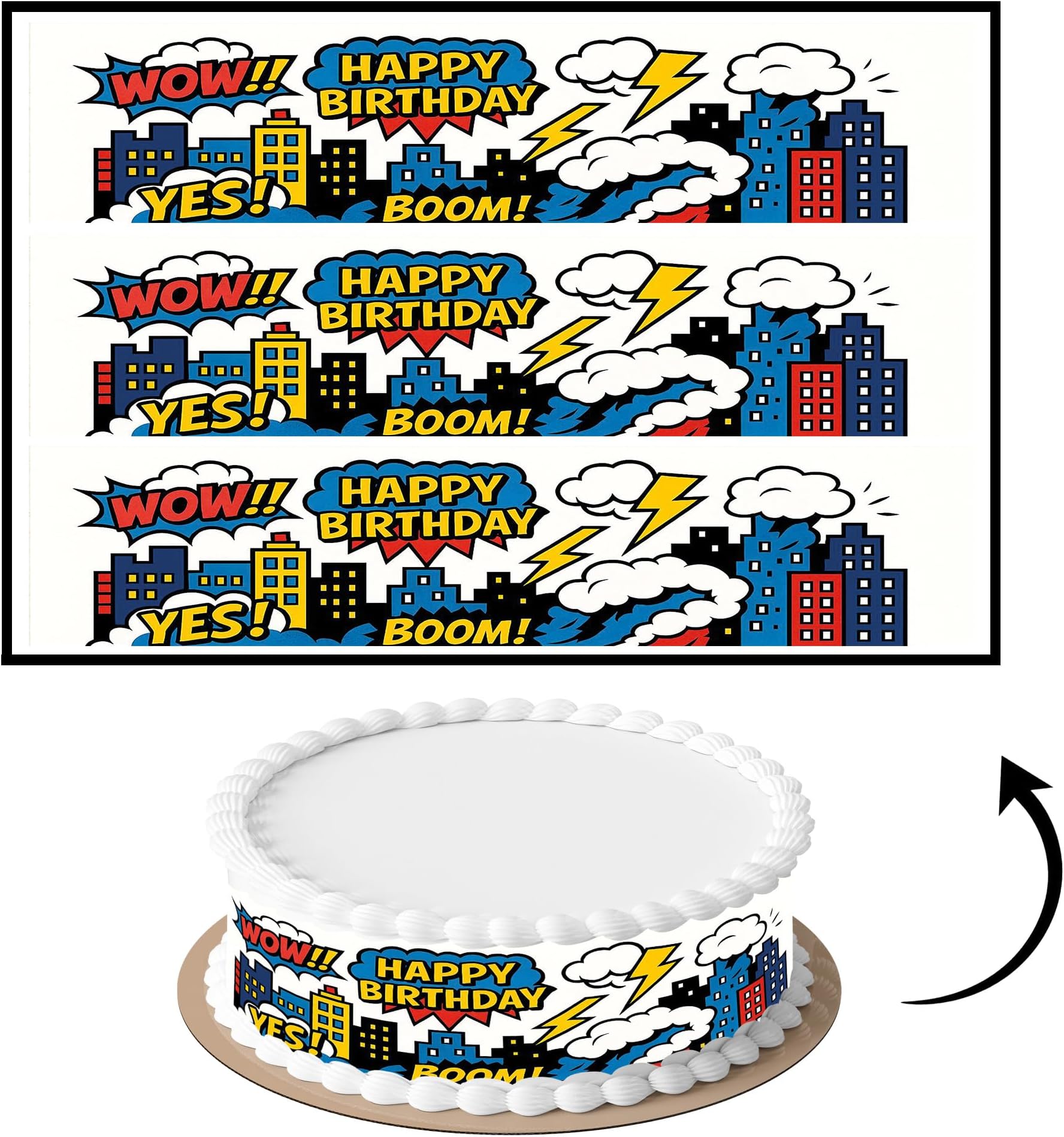 3 pcs Comic Cake Strips Edible birthday cake strips, cake side borders, Icing Sheets 2.7X11.8