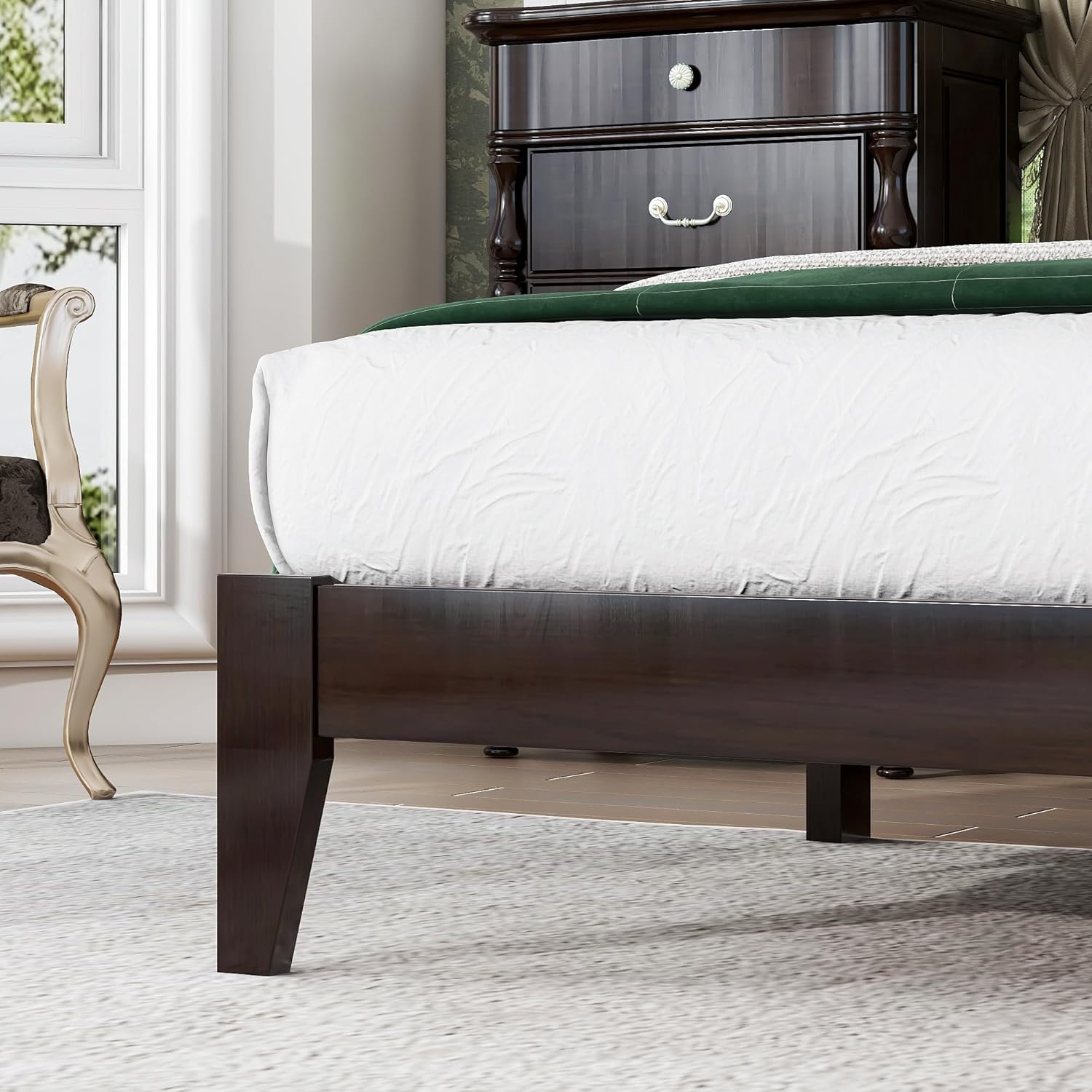 Queen Size Rattan Bed Frame with Rattan Heaboard, Boho Rubber Wood Platform Bed, Noise-Free, No Box Spring Needed, Espresso