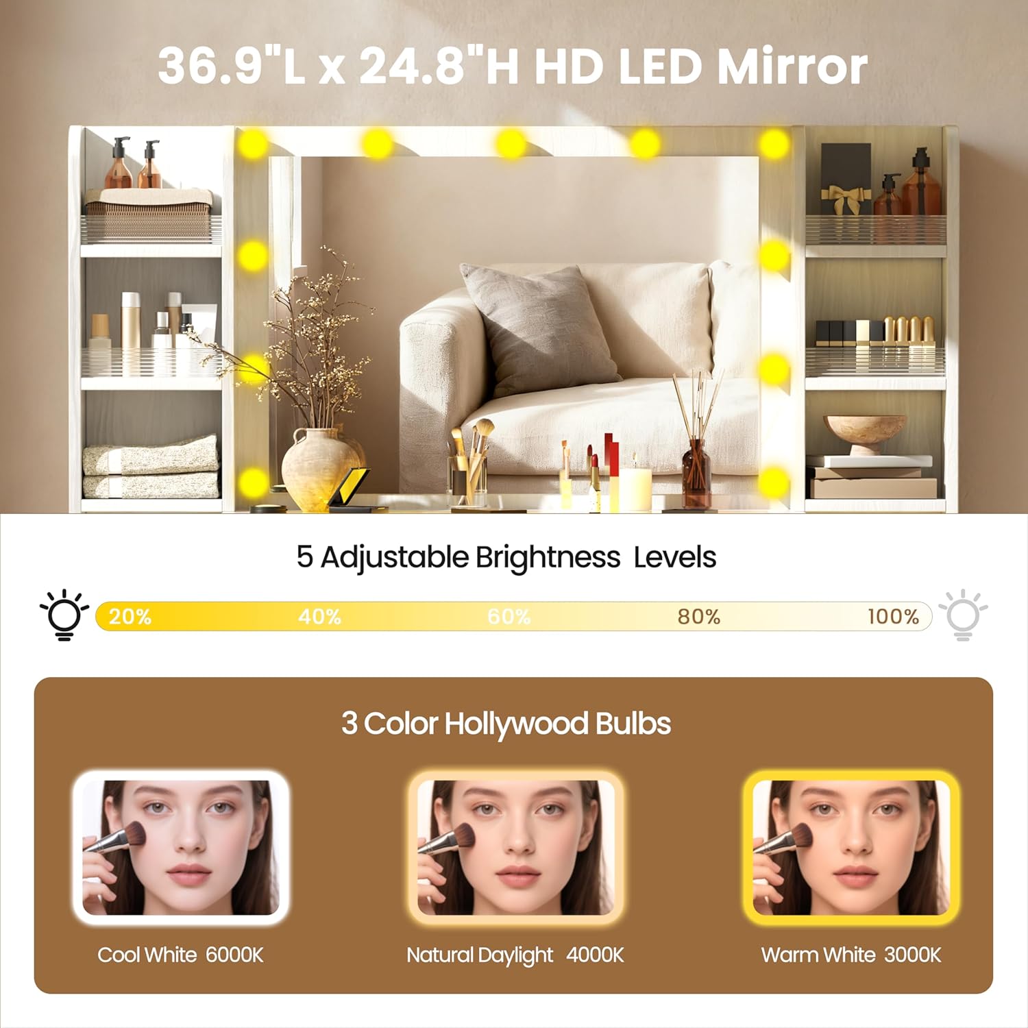 Mirror with Hollywood bulbs showing different color temperatures