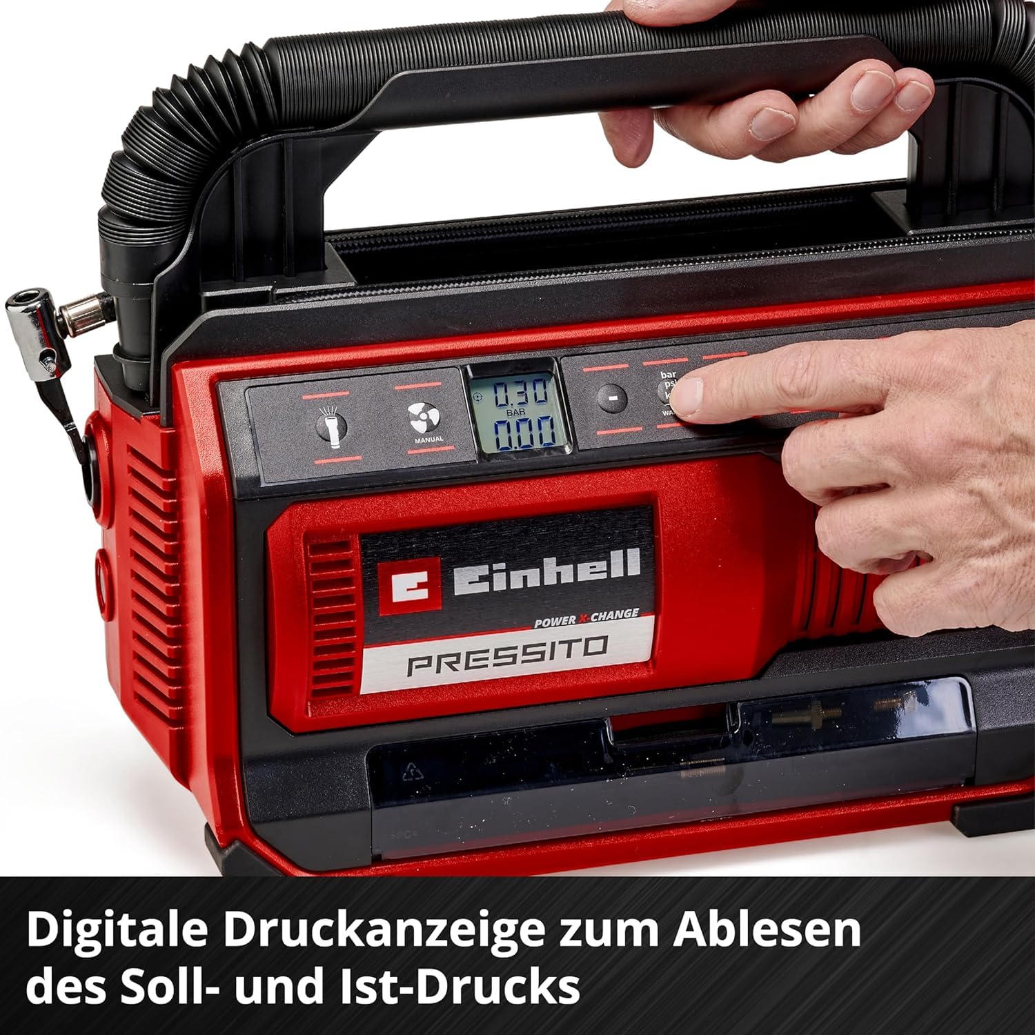 Einhell Hybrid-Kompressor PRESSITO 18/25 Hybrid Power X-Change (18 V, Betrieb mit Stromkabel oder Akku, max. 11 bar, inkl. 4-tlg. Adapter-Set & 2 Schläuchen, ohne Akku)