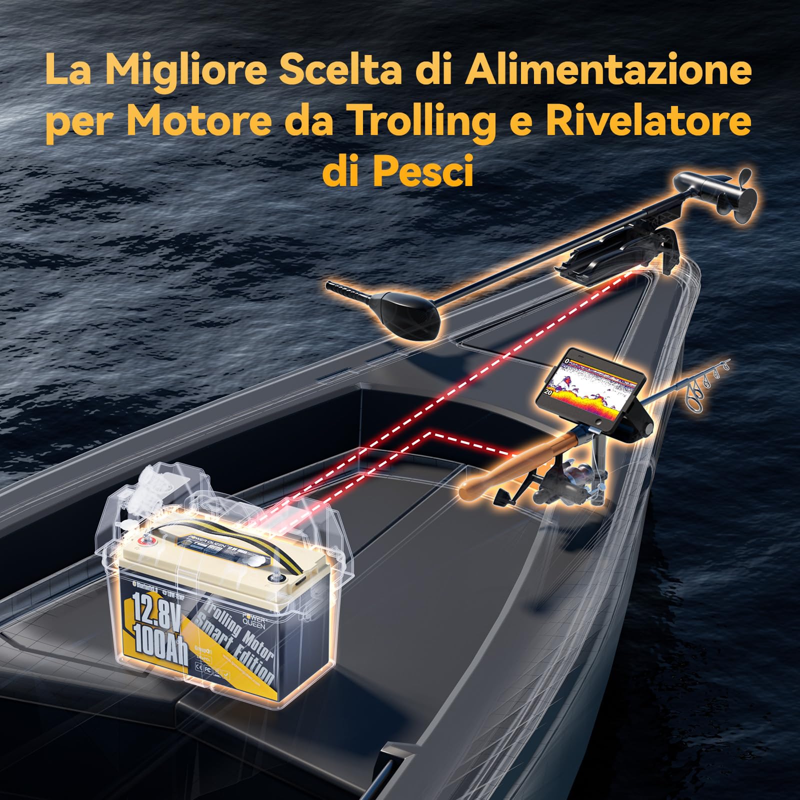 Power Queen Batteria al litio per uso marino da 12V 100A | 100A BMS, Bluetooth, IP65, Prot. basse temp., fino a 15000 cicli, Energia 1280Wh, per Trolling Motor, piccoli pescherecci
