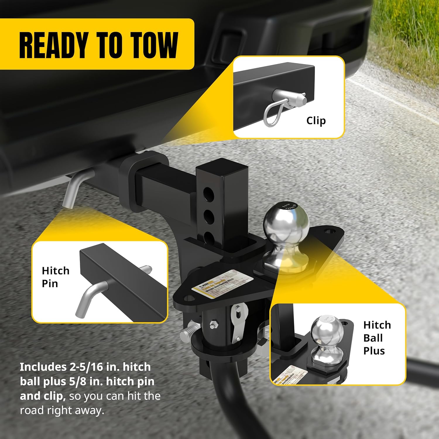 MaxxHaul 51191 Weight Distribution Hitch – 11,500 lb Capacity – Sway Control Kit with 2″ Solid Steel Shank & 2-5/16″ Hitch Ball – Powder-Coated Load Leveling Trailer Hitch, Black