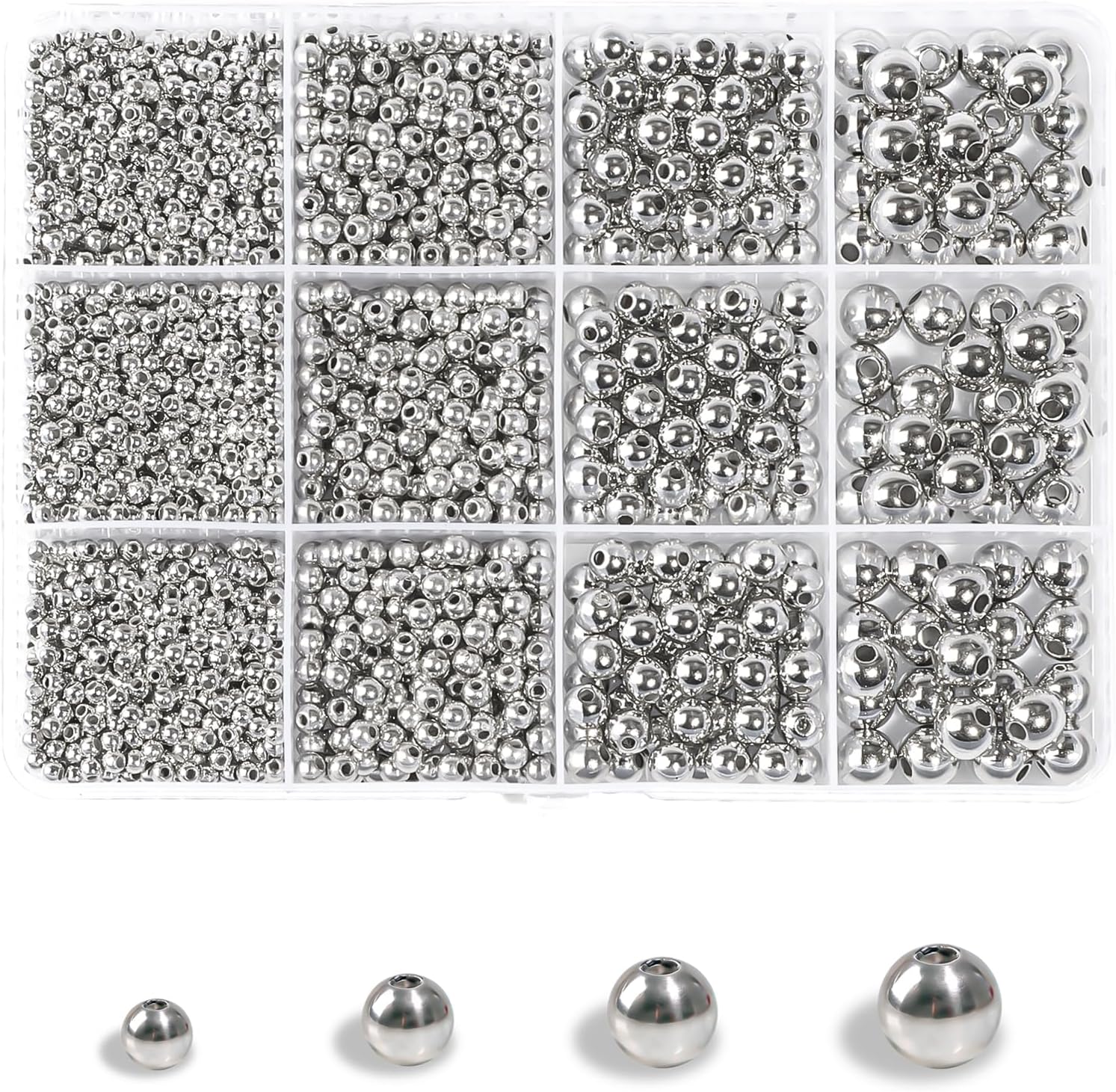 TLAOKLIU 1800Pcs Silver Spacer Beads 3/4/6/8mm Silver Beads Kits for Bracelet Jewelry Making