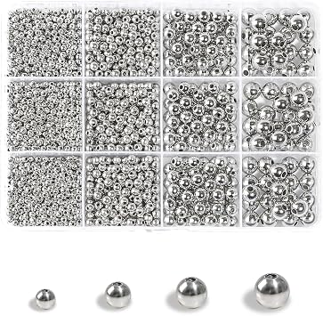 TLAOKLIU 1800Pcs Silver Spacer Beads 3/4/6/8mm Silver Beads Kits for Bracelet Jewelry Making