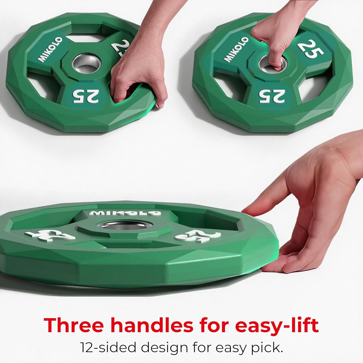 Mikolo Olympic Weights Set 2-Inch Rubber Coated Plates, 12-Sided Non-Roll Weight Plates Grip with 3 Handles for Home Gym, Strength Training, Single, Pair and Sets(5/10/15/25/35/45 LB)