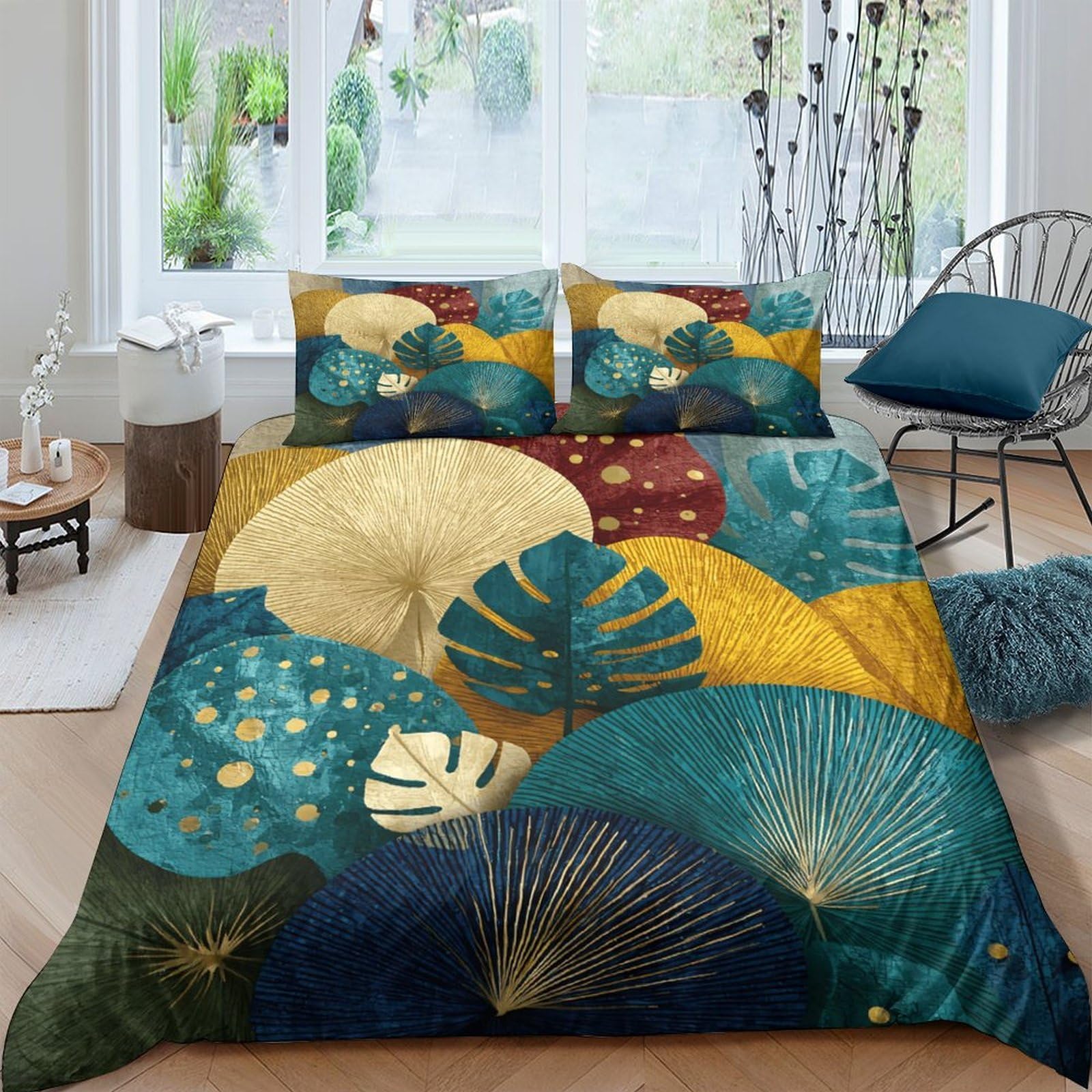 GPLZQXKJNH 3D Printed Botanical Abstract Duvet Cover Microfiber Soft Breathable Geometric Bedding Set with 2 Pillowcases for Bedroom Decor Single（135x200cm）