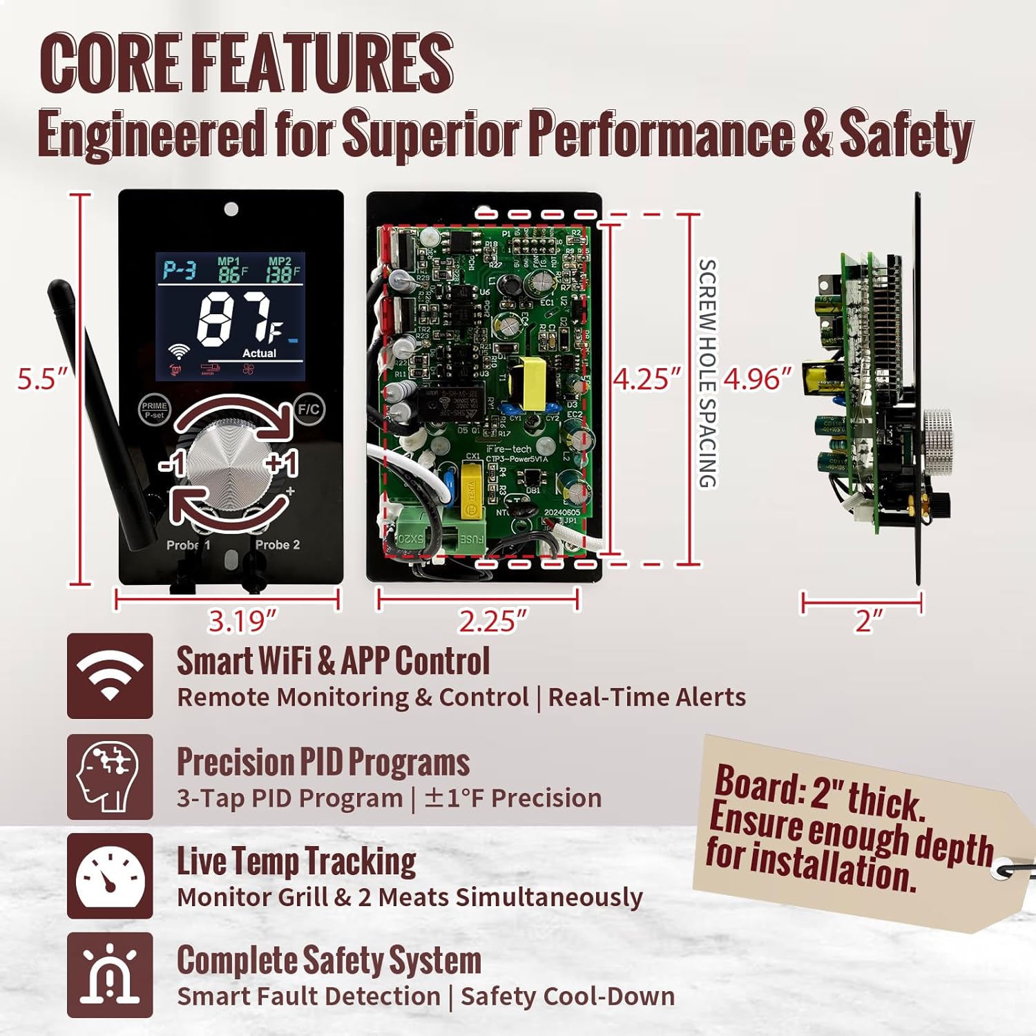 Universal WiFi PID Controller Kit with Smart APP Control Board & High-Accuracy RTD Grill Probe | Core Upgrade Replacement for Pit Boss, Traeger, Z Grills, Asmoke and More