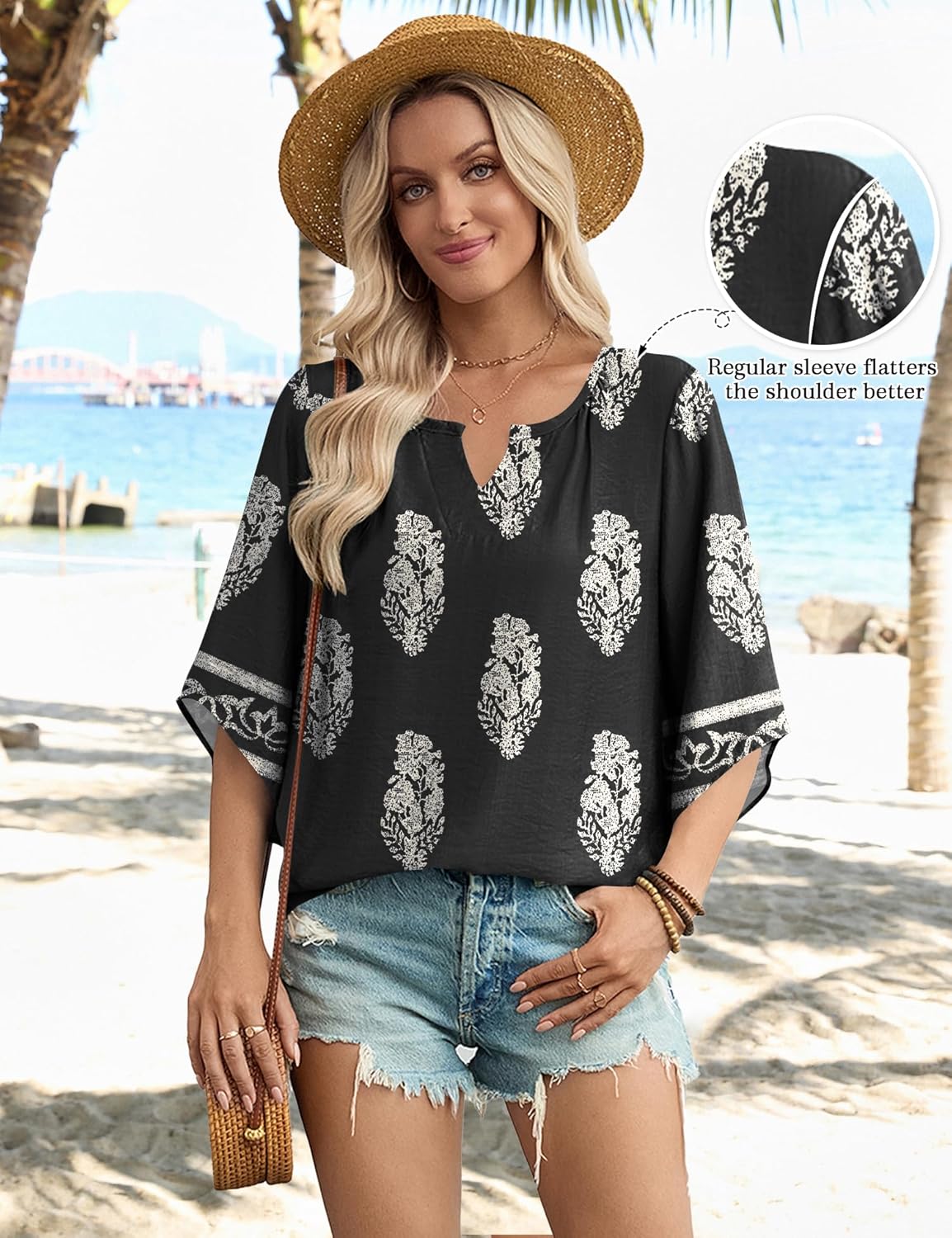 LOMON Women's 3/4 Length Sleeve Boho Tops V Neck Casual Vacation Clothes Loose Fit Tunic Shirts S-3XL - Image 4