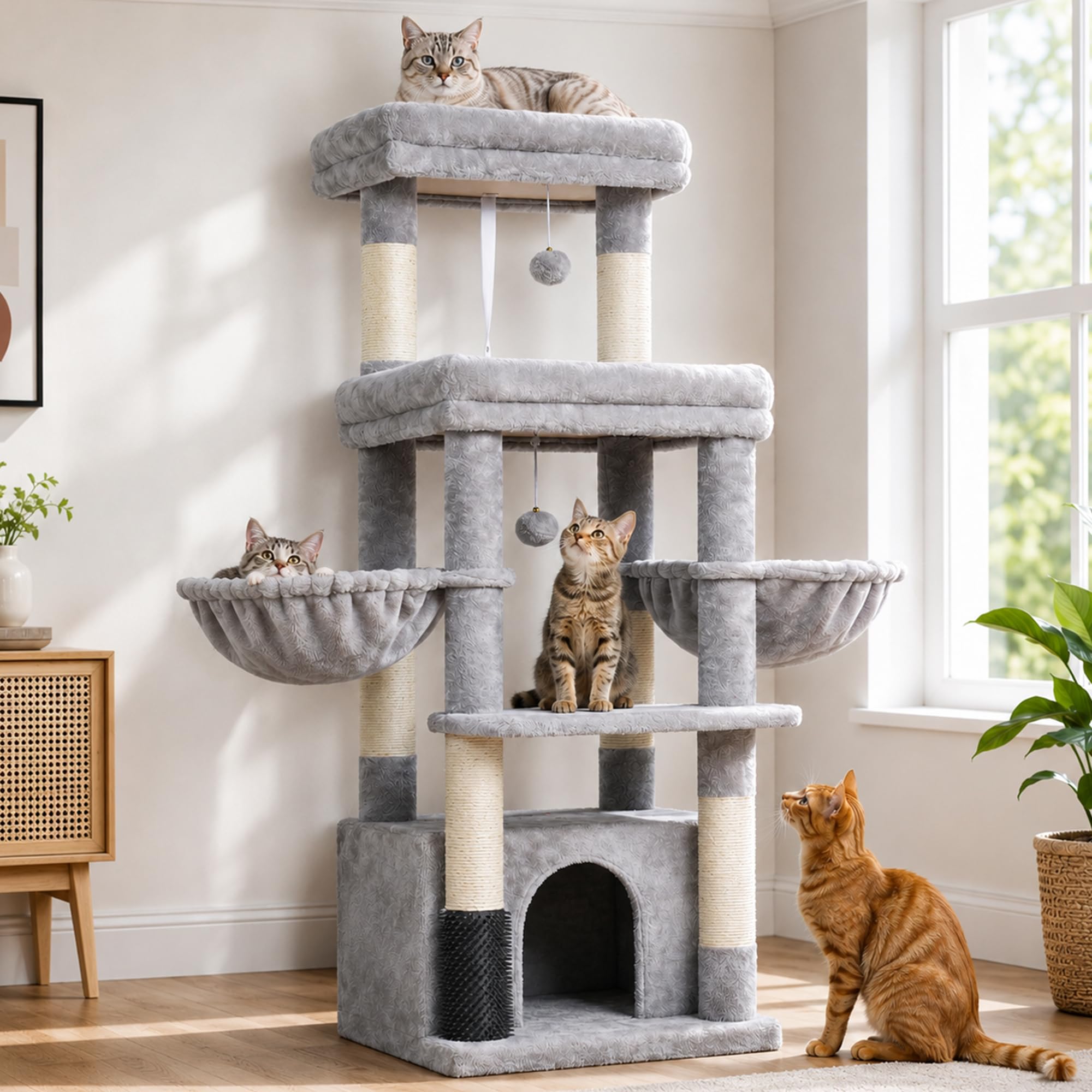 Hey-brother Kratzbaum für große Katzen, mit 2 Grosse Plattformen, MPJ070W | 130 cm Katzenbaum für Maine-Coons, symmetrische Struktur, Stabil, 2 korb, große Katzenhöhle, Kämmmaschine, Hellgrau